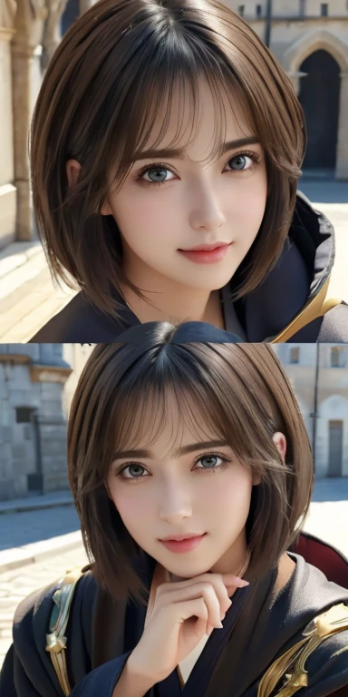 Tabletop、Realistic、Highest quality、Highest quality、masterpiece、Ultra-high resolution、RAW Photos、Realistic、Bright lighting、Face Light、Smooth Professional Lighting、Looking into the camera、alone、Adult female、Beautiful woman、Super Beauty、Realistic肌、Moisturized Skin、Realistic eyes and faces、Perfect model body shape、Beautiful Eyes、Big eyes、Inconspicuous tear bags、slim、big breasts of medium size、Beautiful fingers、Very short hair、Black Hair、black eye、Looks happy、(Both ears are hidden by hair)、(((Wizard Costume、Robe)))、Fantasy World、Medieval European streets