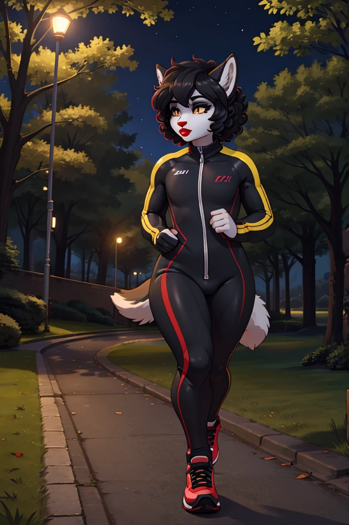 (masterpiece), (best quality), (high res) (solo), (perfect ???????) (perfect face), wolf and sheep hybrid, (black hair), (black wool), (curly short hair), fair skin, ambiguous gender, (1boy1girl), flat chest, wide hips, thick thighs, (full body black training suit), yellow glowing in the dark eyes, focused, androgynous, (long eyebrows), ((deep red lipstick)), ((black eyeshadow)), Jogging in a park