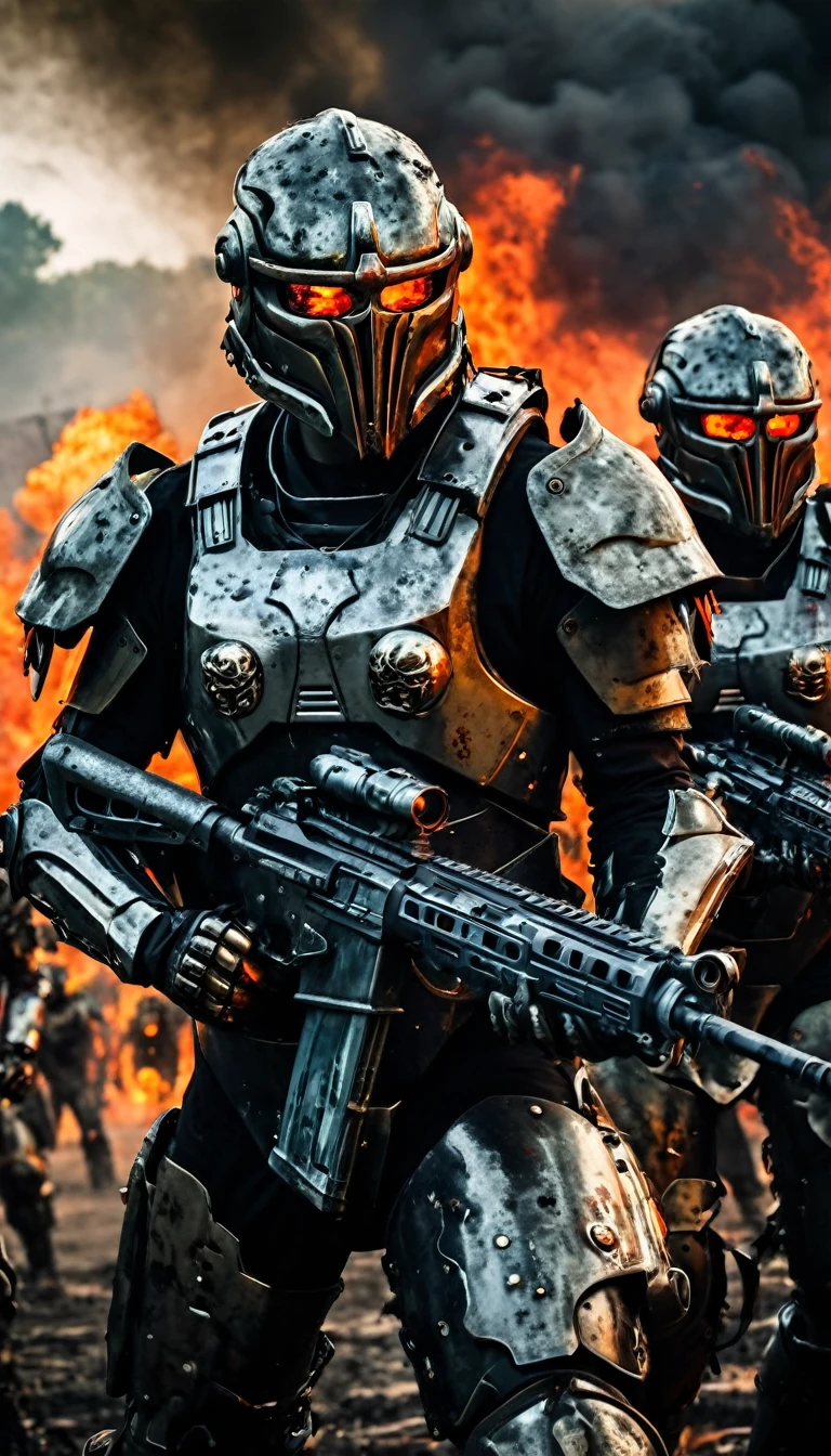((Zombie warriors)), half human, half beast, their faces are partially obscured by military helmets. Their eyes are filled with sadness and longing. The background is a smear of blood and violence. They wear a mechanized robot armor, carved with animal elements, human skulls. The sky is filled with swirling, fiery clouds. The photo conveys a strong sense of the warrior's appearance, ((they are shooting at the zombies)), ((they are killing the undead)), ((they are burning the grisly undead)), cinematic backdrop
