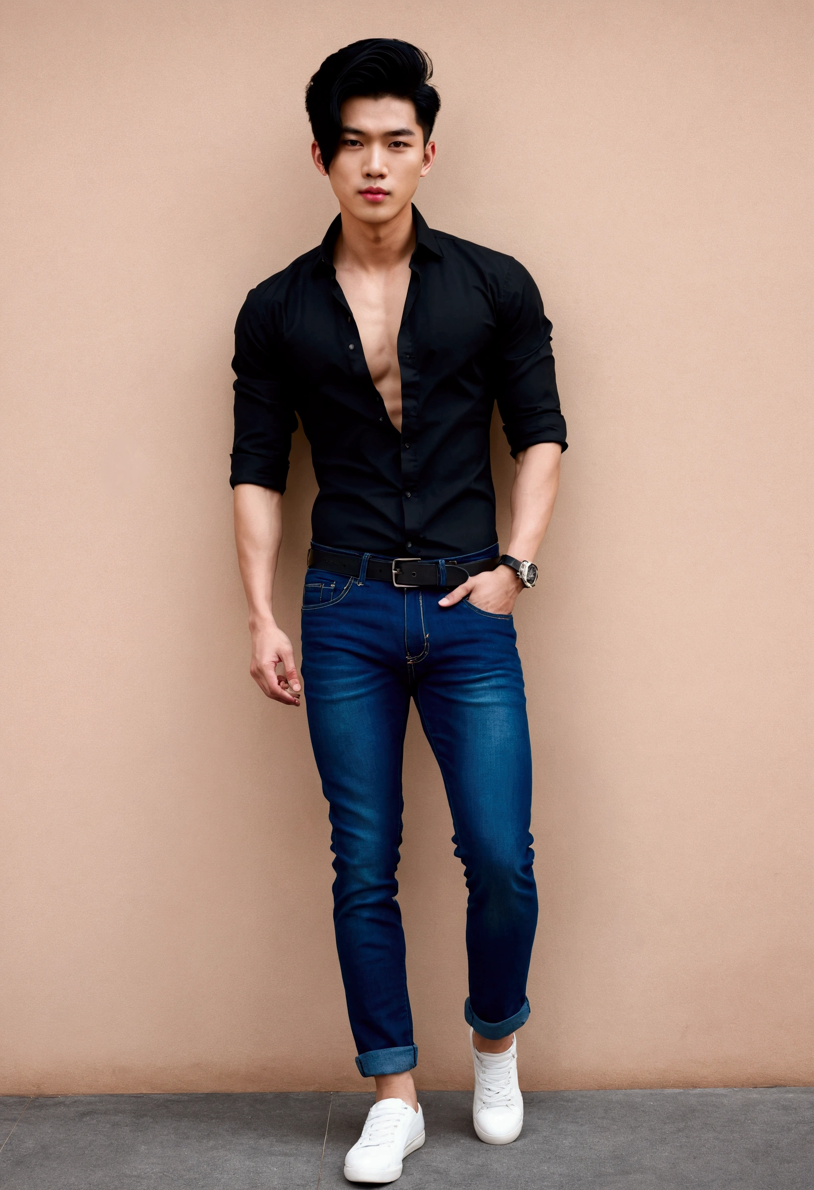 beautiful castles and palaces, a man asian age 25, perfect muscles, wearing casual shirt with open buttons, showing chest and stomach, and trousers, model pose, model photos, full body, fashionable, very high quality, very high resolution,
