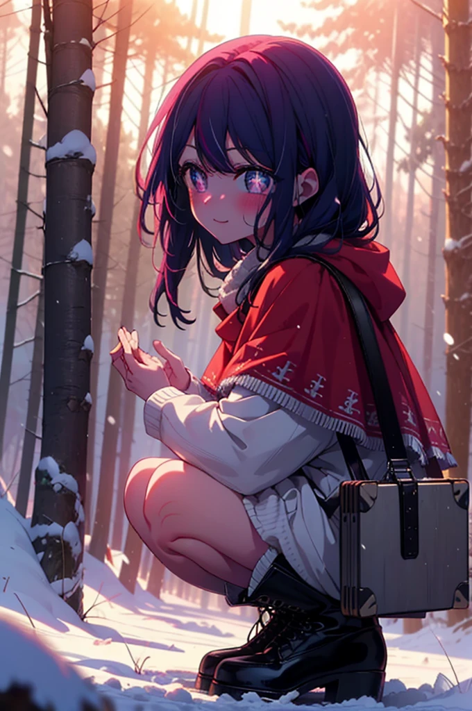 aihoshino, Ai Hoshino, Long Hair, bangs, (Purple eyes:1.1), Purple Hair, (Symbol-shaped pupil:1.5), smile,,smile,blush,white breath,
Open your mouth,snow,Ground bonfire, Outdoor, boots, snowing, From the side, wood, suitcase, Cape, Blurred, , forest, White handbag, nature, Squat, Mouth closed, Cape, winter, Written boundary depth, Black shoes, red Cape break looking at viewer, Upper Body, whole body, break Outdoor, forest, nature, break (masterpiece:1.2), Highest quality, High resolution, unity 8k wallpaper, (shape:0.8), (Beautiful and beautiful eyes:1.6), Highly detailed face, Perfect lighting, Extremely detailed CG, (Perfect hands, Perfect Anatomy),