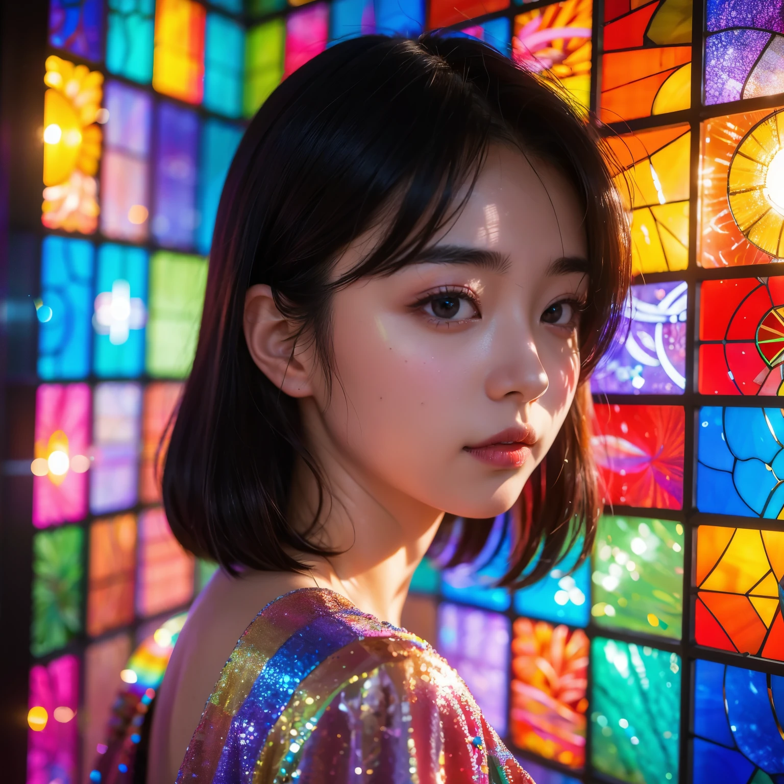 highest quality, 8K resolution, masterpiece, Professional photography, 20yo Japanese woman, The background is Elaborate colorful stained glass, Enchanting atmosphere, Rainbow Glass