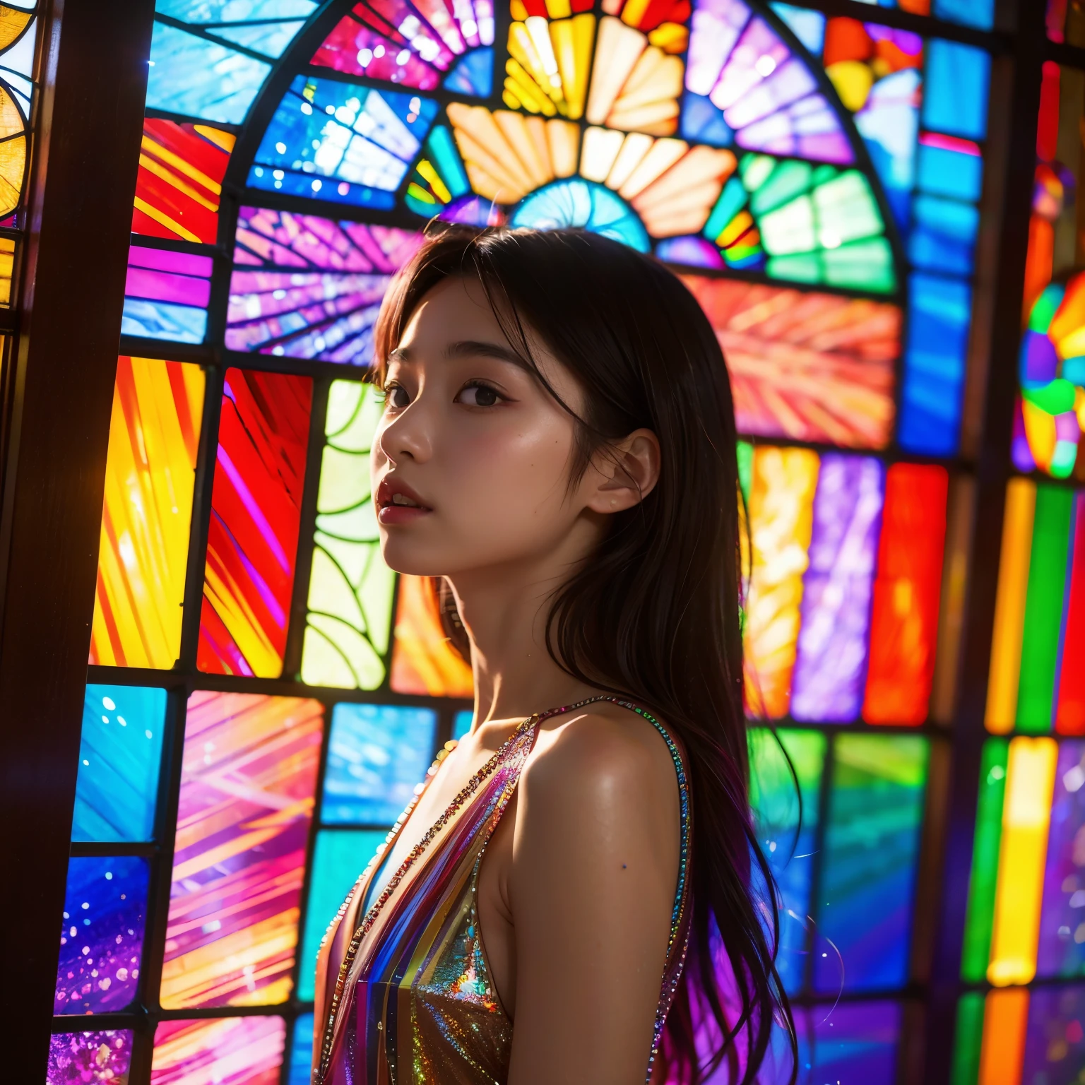 highest quality, 8K resolution, masterpiece, Professional photography, 20yo Japanese woman, The background is Elaborate colorful stained glass, Enchanting atmosphere, Rainbow Glass