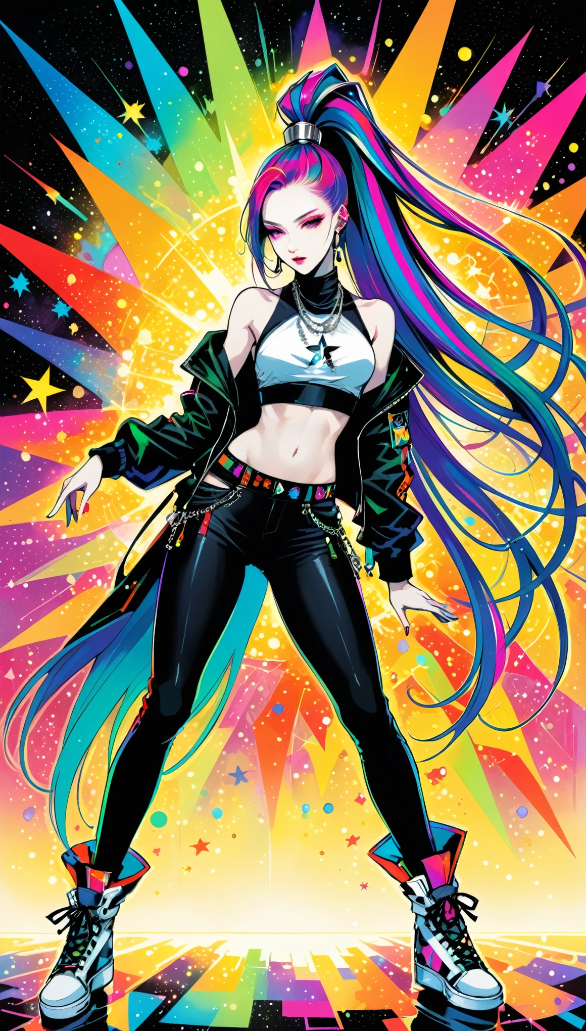 (in style of Harry Clarke:0.4)，in style of Santiago Caruso,in style of Mike Azevedo，1girl，Sexy hip-hop style clothing，Dynamic poses，Hip-hop pose，superstar,High Ponytail，Unbelievably long hair，Self-illumination in lively colors，A dominant multi-color claim