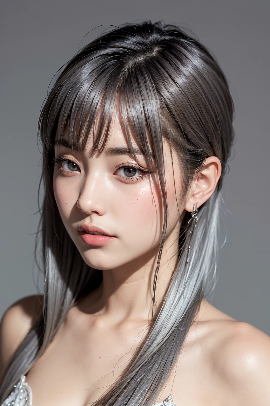 Realistic, masterpiece, Highest quality, Highest Resolution, (Gray blank background:1.3), (One Japanese woman:1.3), 20-year-old, (Close up on face:1.3), (Photographed from the  up:1.2), (Long Hair, Straight Hair, Silver Hair:1.3), ((Sharp Eyes:1.2), (Iris:1.2), (Detailed eyes:1.3), (Hidden eyelid wrinkles:1.2), (Draw eyelashes carefully:1.2)), Baby-like smooth skin, Date makeup, Photograph the subject from the side, The subject is gazing into the distance