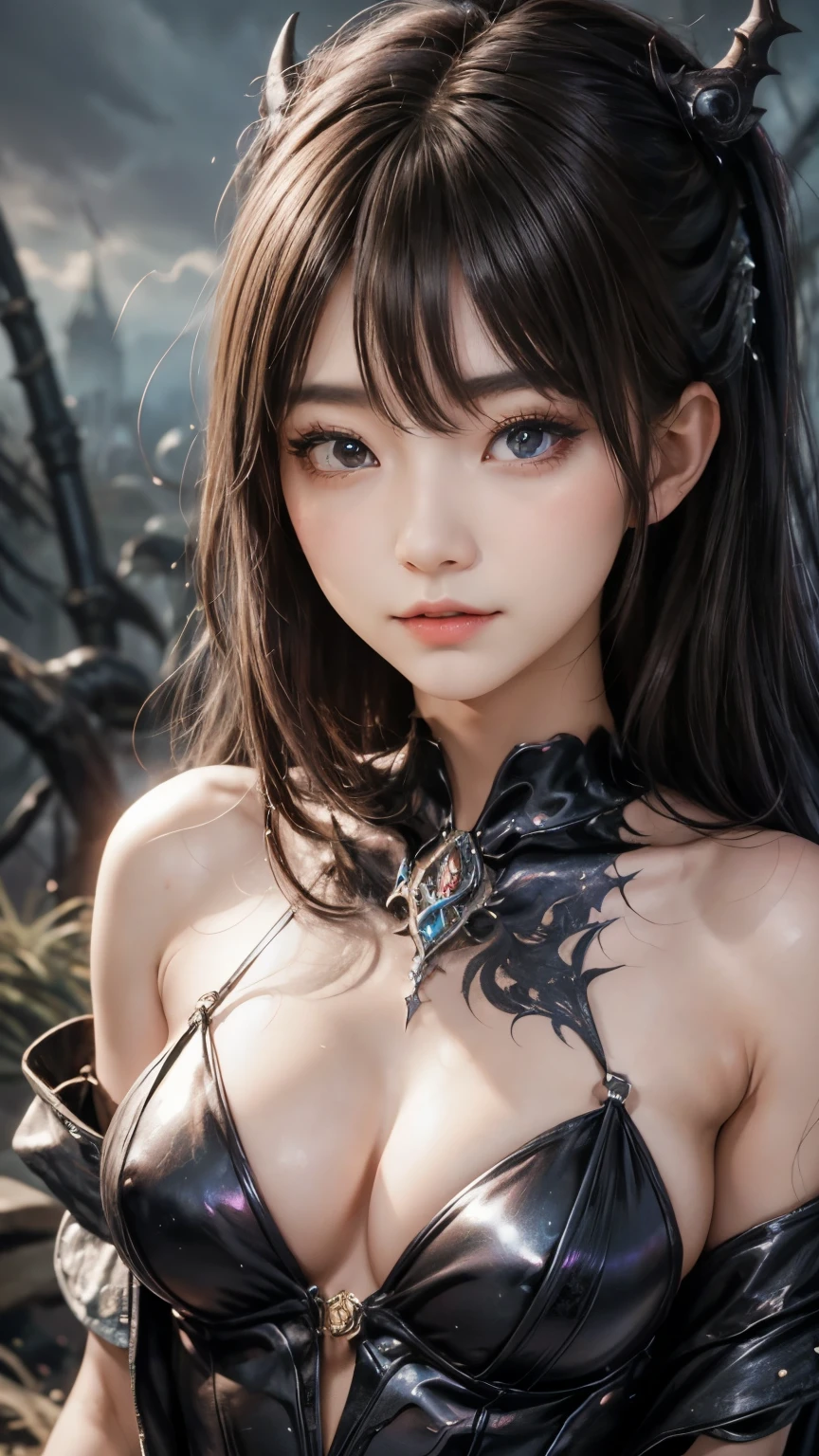 強力なスーパーevil女がクローズアップでポーズをとる, Black Goddess (Expose your shoulders), length, Flowing purple hair, View your viewers, Highly detailed face, Perfect hands, Blue smoke swirling around her, evil事を愛する, Captivating blue eyes, Dark fantasy, , realistic girl rendering, 8k artistic german bokeh, Enchanting girl, Real Girls, Gurwitz, Gurwitz-style artwork, Girl Roleplay, Realistic 3D style, cgstation Popular Topics,, 8K Portrait Rendering,(truth,truth:1.4)、 Genuine, Symmetric, Attention to detail, Esoteric arachnids lady, Spider Queen Elise, League of Legends, Esoteric arachnids, Combat Stance, ( body formed from metallic mauveine and metallic black liquid metallic paint twisting into a beautiful interpretation of the female figure), length, Sharp Fangs, nature, ((Complex metallic colors in the foreground)), (( Fluid Mechanics, The most beautiful smooth scale face makeup, Smirking expression)) - Dark blood, Onyxia、Noir painting of a beautiful young witch, length purple hair, dark purple lips, evil, evil female, smile, Black Prom Dress, She is coming to you, close, Bright Blue Eyes, Surrounded by swirling pink smoke, Genuine, Attention to detail, Highest quality、A beastly demon wields a vicious blade, Blood Chain, Behemoth Bones, Snake-like tentacles, Cruel Teeth, Expressions of madness, Oppressive Dungeon. 8K Vision Reveals Fear, Ultra HD detail makes monsters stand out, Grotesque shadows dance, The creature whispers, Stifling atmosphere, Vision problems, Visible Madness. blade, evil意の閃光が輝く, reflect (Light) Beyond the Darkness, Elucidate (Sharp details) and、Add a dizzying dimension to the impending chaos.