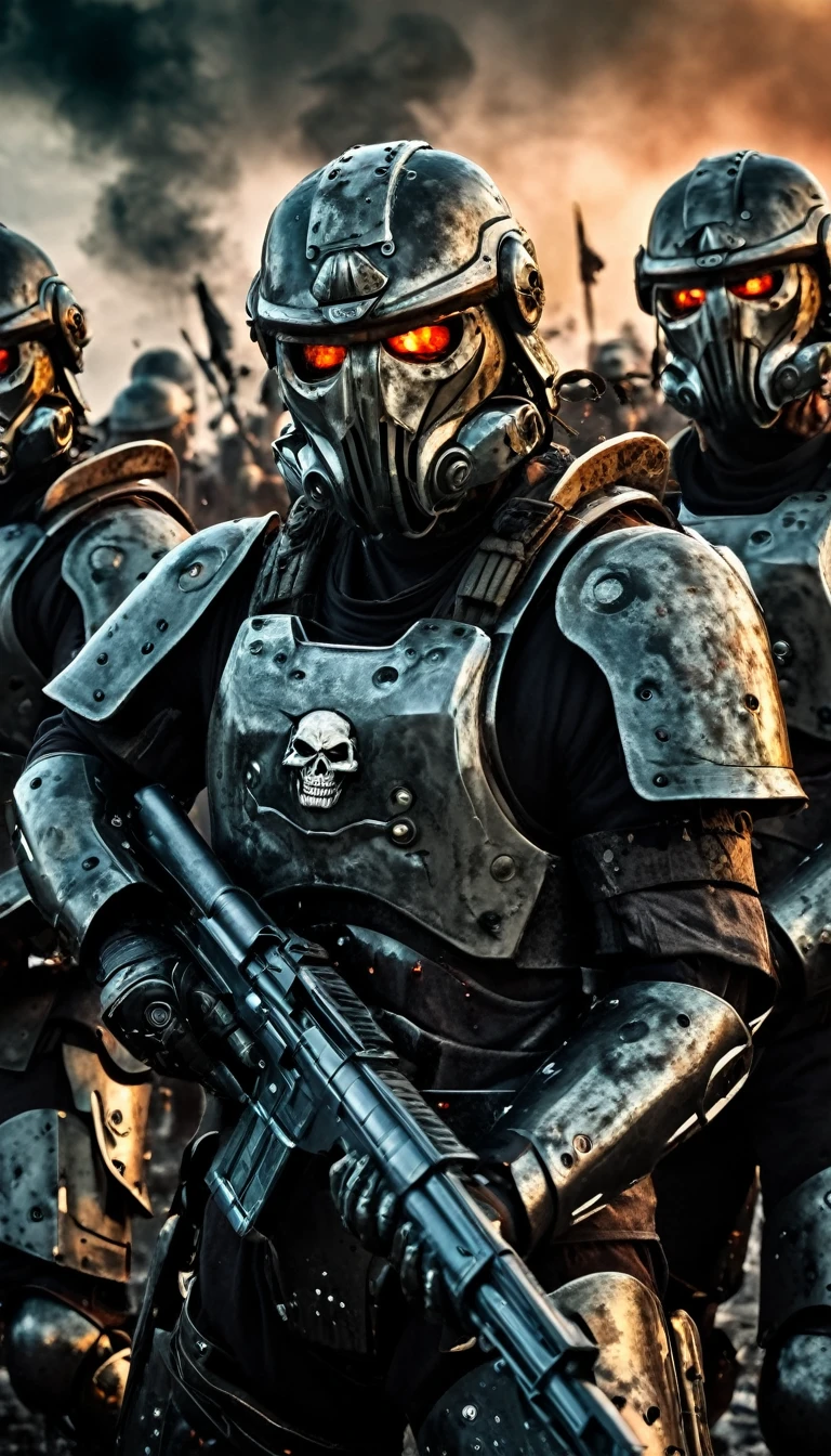 ((Zombie warriors)), half human, half beast, their faces are partially obscured by military helmets. Their eyes are filled with sadness and longing. The background is a smear of blood and violence. They wear a mechanized robot armor, carved with animal elements, human skulls. The sky is filled with swirling, fiery clouds. The photo conveys a strong sense of the warrior's appearance, ((they are shooting at the zombies)), ((they are killing the undead)), ((they are burning the grisly undead)), cinematic backdrop