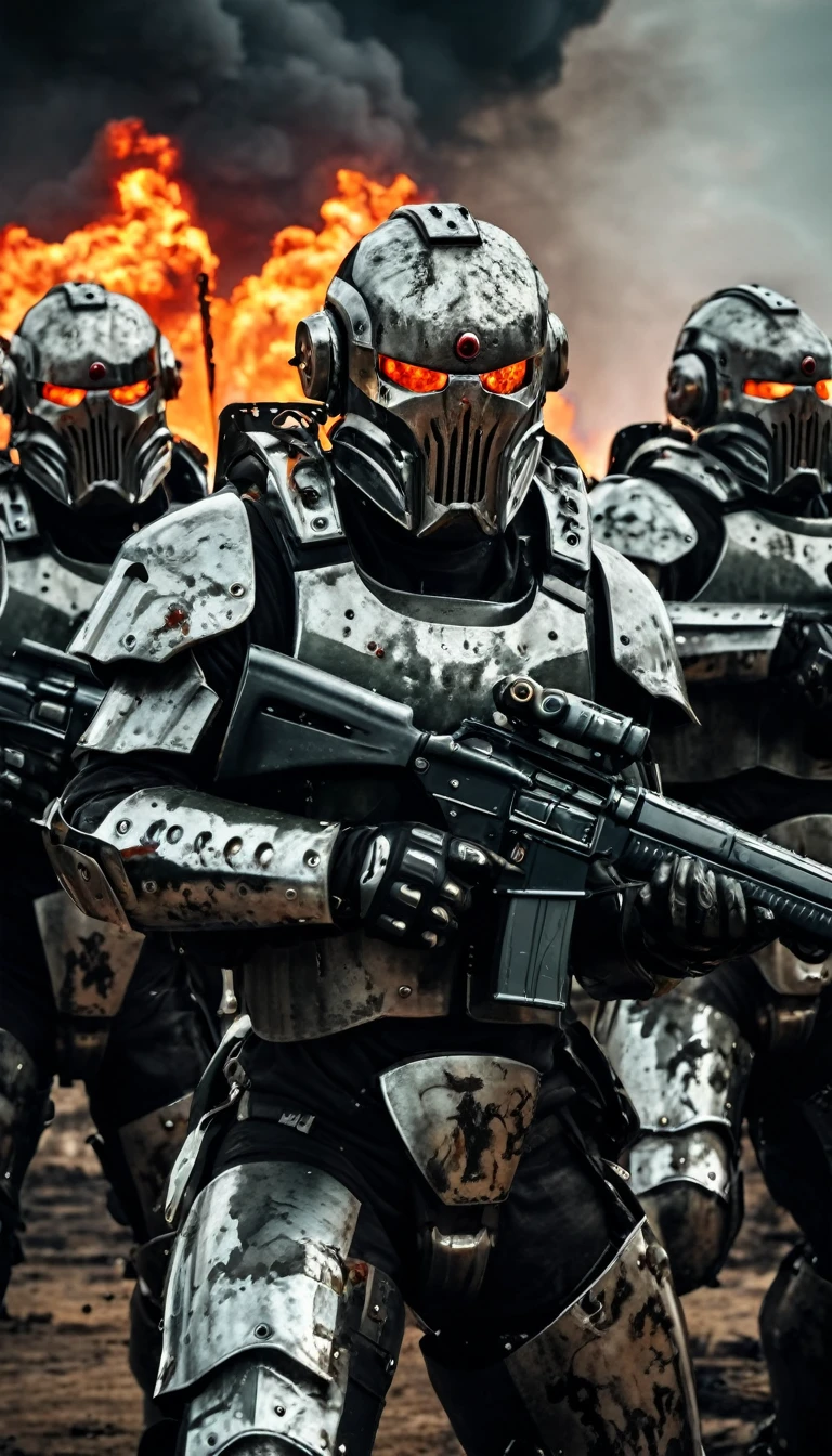 ((Zombie warriors)), half human, half beast, their faces are partially obscured by military helmets. Their eyes are filled with sadness and longing. The background is a smear of blood and violence. They wear a mechanized robot armor, carved with animal elements, human skulls. The sky is filled with swirling, fiery clouds. The photo conveys a strong sense of the warrior's appearance, ((they are shooting at the zombies)), ((they are killing the undead)), ((they are burning the grisly undead)), cinematic backdrop