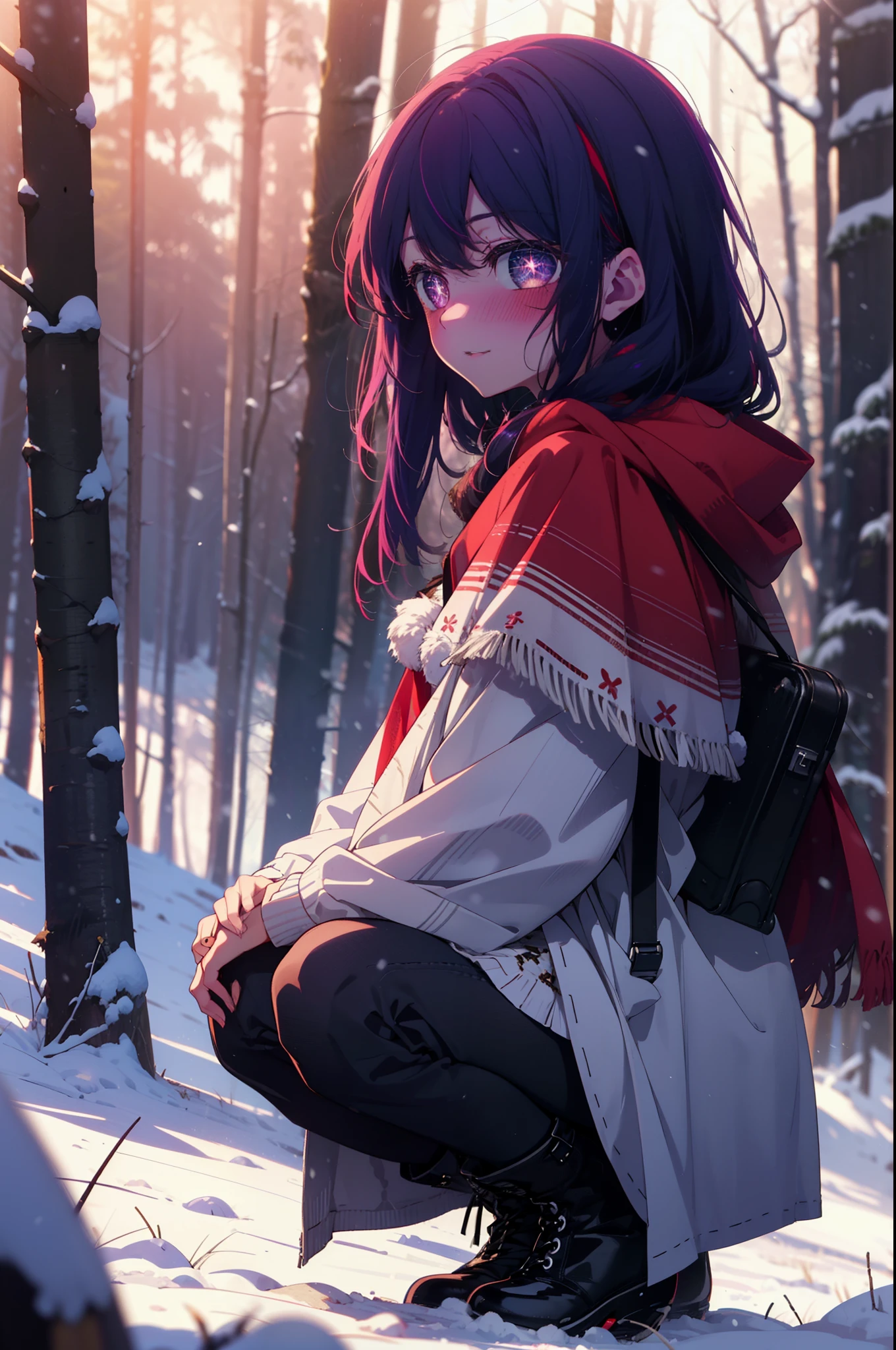 aihoshino, Ai Hoshino, Long Hair, bangs, (Purple eyes:1.1), Purple Hair, (Symbol-shaped pupil:1.5), smile,,smile,blush,white breath,
Open your mouth,snow,Ground bonfire, Outdoor, boots, snowing, From the side, wood, suitcase, Cape, Blurred, , forest, White handbag, nature, Squat, Mouth closed, Cape, winter, Written boundary depth, Black shoes, red Cape break looking at viewer, Upper Body, whole body, break Outdoor, forest, nature, break (masterpiece:1.2), Highest quality, High resolution, unity 8k wallpaper, (shape:0.8), (Beautiful and beautiful eyes:1.6), Highly detailed face, Perfect lighting, Extremely detailed CG, (Perfect hands, Perfect Anatomy),