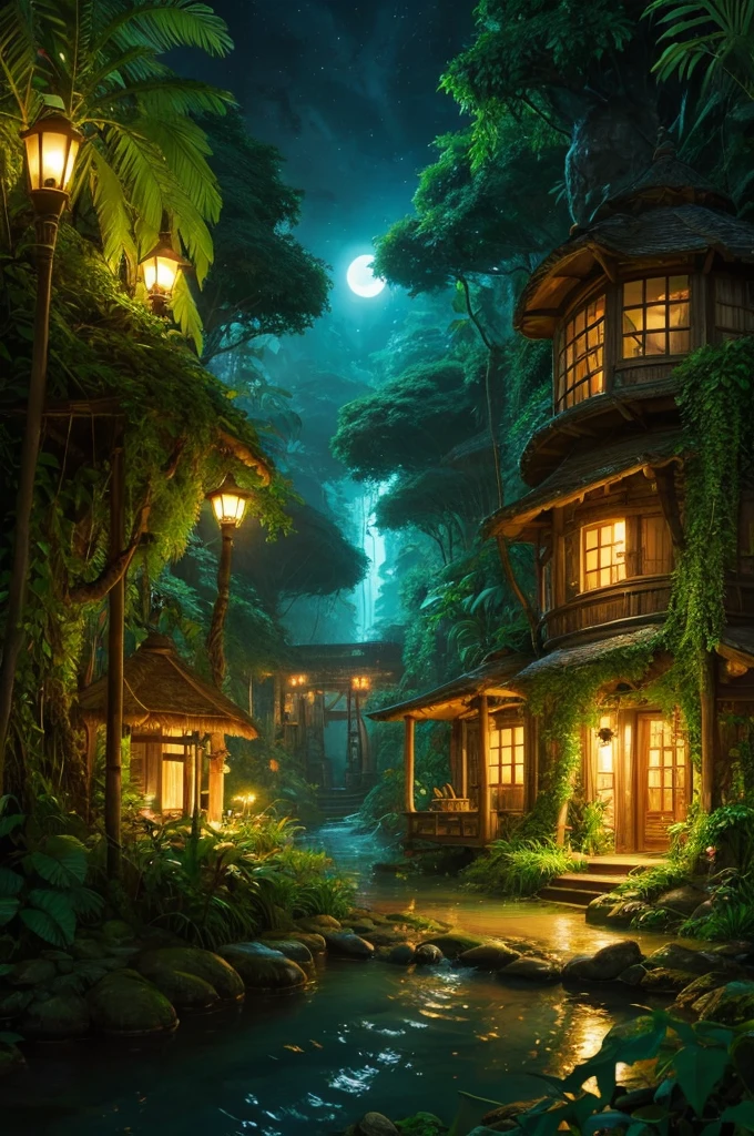 Amazon Jungle　Fantasy　Ghibli style　Jungle at night　summer night