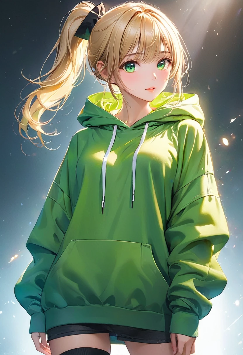 Browsing Caution,((Perfect Anatomy:1.5,Realistic,:1.3,RAW Photos:1.3,masterpiece、Highest quality、Ultra - High resolution、High resolution、Extremely detailed CG、8k)),low-angle view、Cowboy Shot,1 female,alone,20 year old beauty,(Beautiful and exquisite face and eyes,Big and beautiful eyes),Bright green eyes,(Blonde,ponytail,Long Hair,bangs),(Medium chest,Slender body,Small Head,skinny, Glowing Skin,Oily skin,Glowing Skin),walk,((Light green hooded sweatshirt,Oversized hooded sweatshirt,Long sleeve,black_Knee socks,No underwear,Mansuji