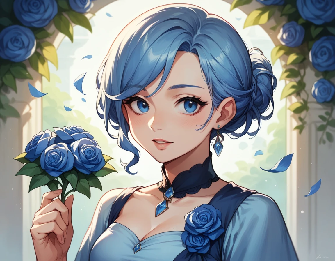 A  4 by 4 size   close up photo of a beautiful 25 year old woman,
Bridesmaid, blue dress, skyblue hair,blue eyes, blue flowers in bouquets 
Blue Wedding hall garden background 
All blue 
