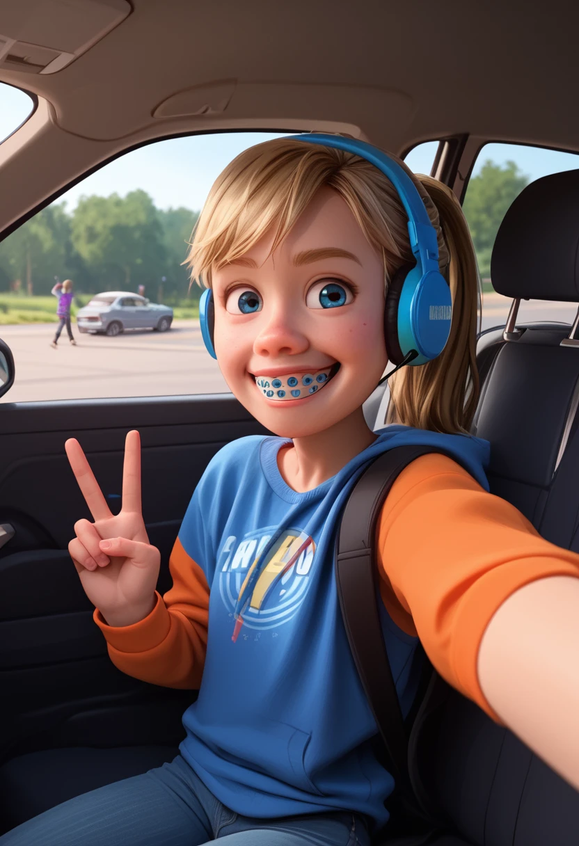 score_9, score_8_up, score_7_up, score_6_up, score_5_up, score_4_up, ri_ley2, 1 girl, ponytail, blond hair, in a car, headphones, peace sign, selfie, braces