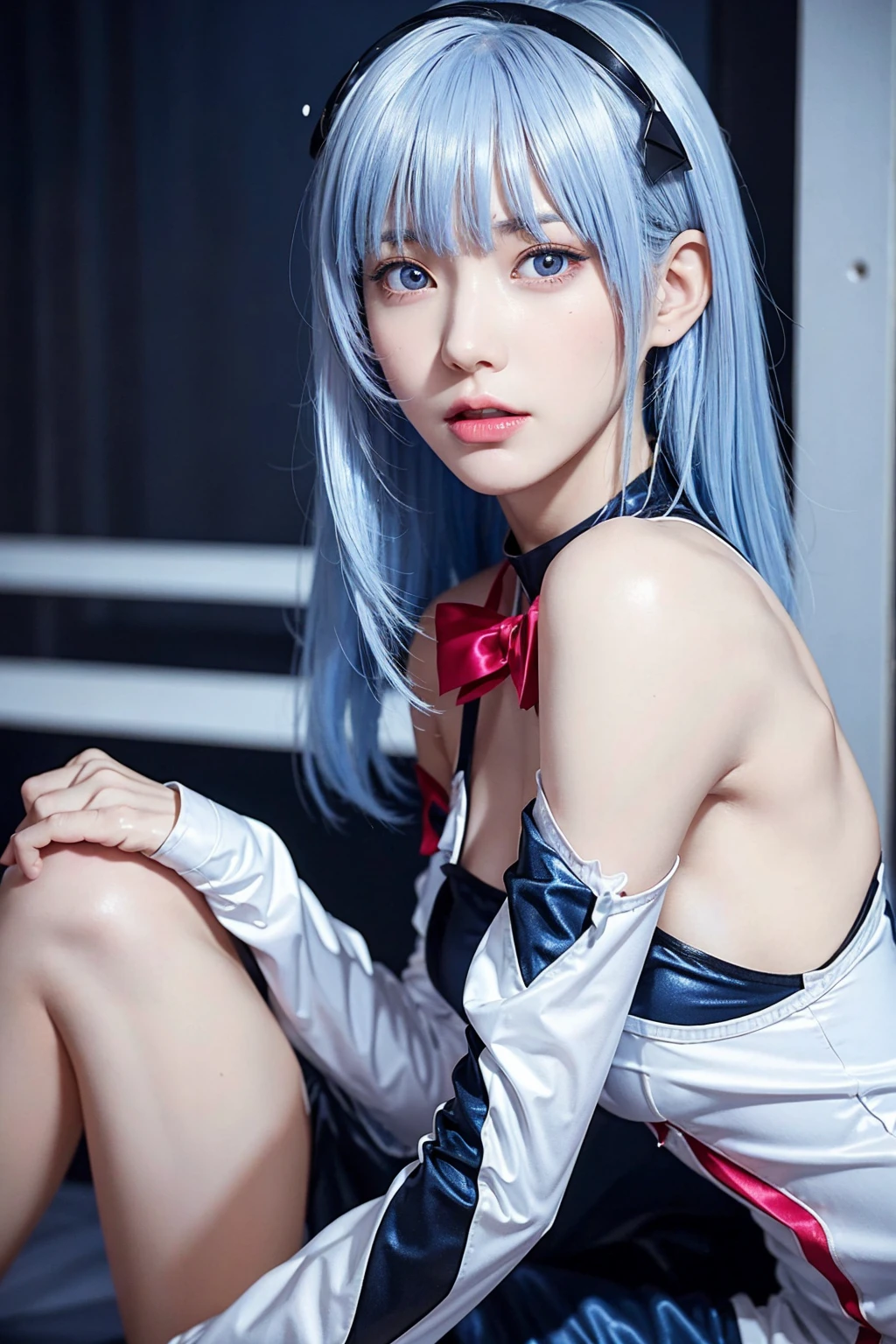 Evangelion,Rei Ayanami,Silvery blue hair,Red eyes,Red eyes, uniform,Ultra HD,super high quality,masterpiece,Digital SLR,Realistic,Detailed explanation,Crisp details,depicted in detail,Detailed face,Detailed explanation,Super detailed,Realistic skin texture,Anatomical basis,Perfect Anatomy,Anatomically correct hand,Anatomically correct fingers,Complex 3D rendering,Sexy pose,Rainy Sky,Beautiful views,Beautiful rainy sky,Picturesque,Pink Lips,
