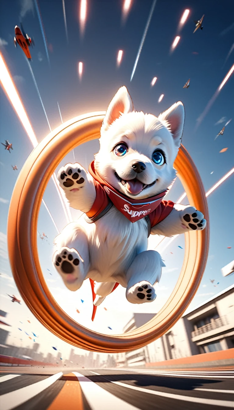Flying Puppy, Very detailed and fascinating, Airborne Puppy, Dancing in the air, crazy, Dynamic dance moves, Falling rapidly through the sky, Funky Eyes, Fighter jet agility, Perfect 3D CGI rendering, Dynamic Motion Blur for Enhanced Mobility, A masterpiece with the best aesthetics, Super Retina