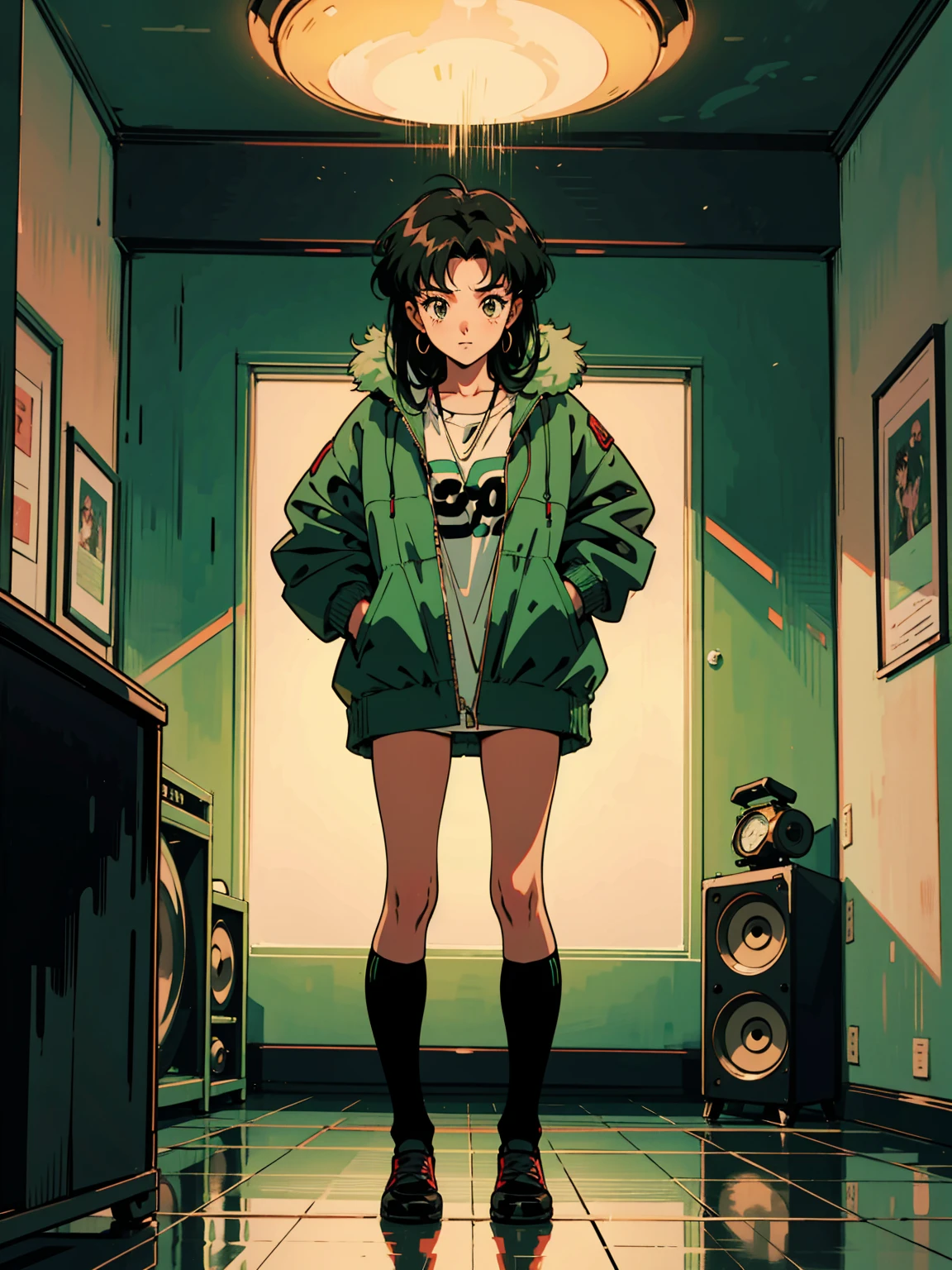 anime girl with green hair playing music in a room with record decks, Best image quality, 90s style anime, 21 year old girl, Black Hair, Long Hair, Light brown eyes, Wearing a loose parka, full body, 90s fashion