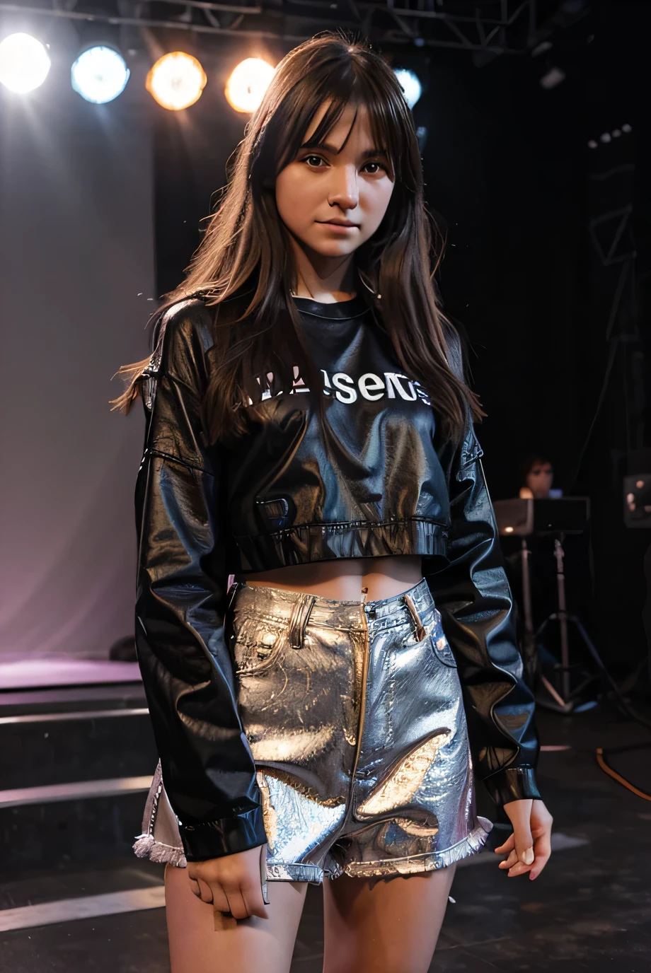 Generate a realistic, human-captured image of a girl dressed in a trendy light concert outfit.
