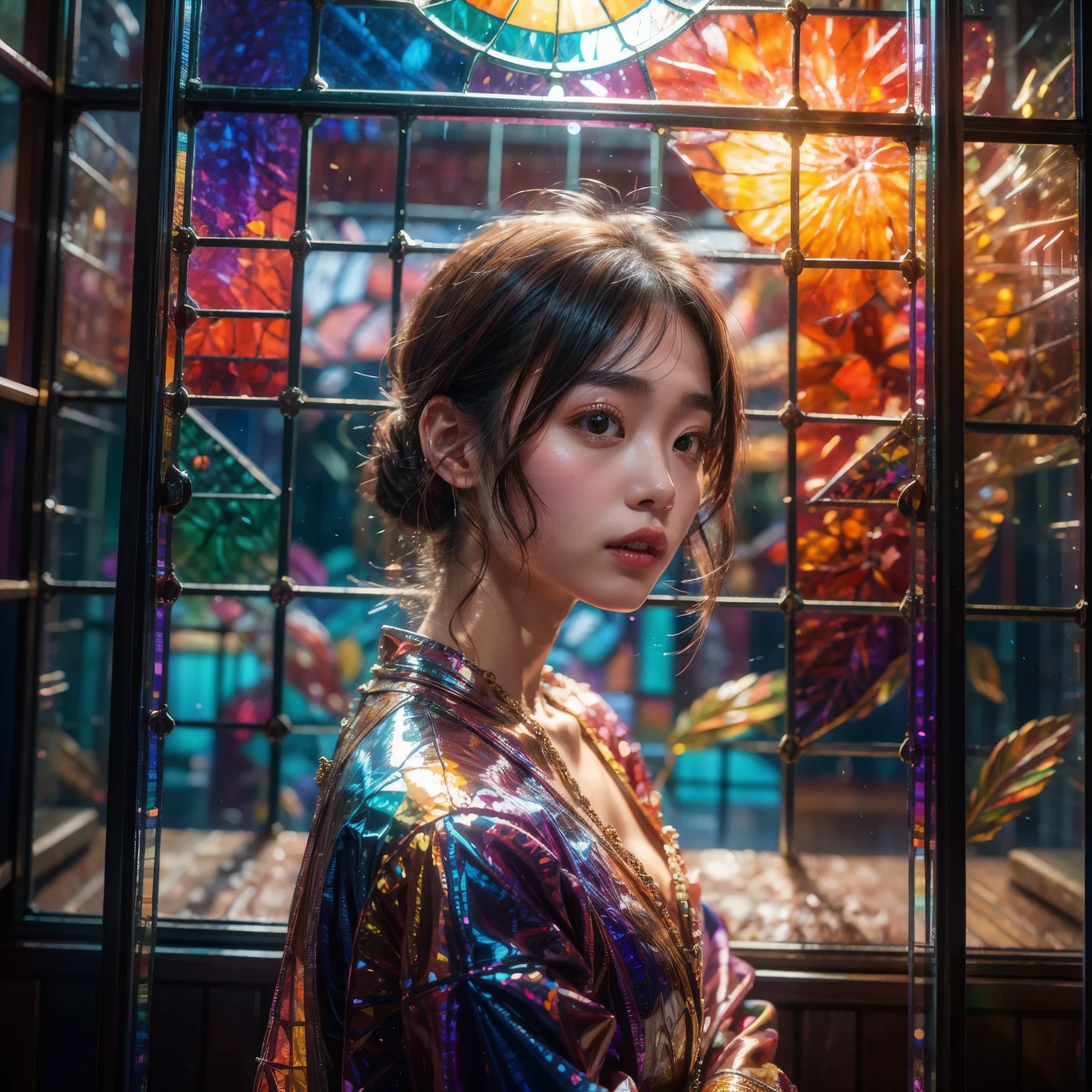 TopQuality 8K masterpiece of Professional photography, 20yo Japanese woman, The background is distant (Elaborate colorful stained glass), Enchanting atmosphere, Rainbow Glass
