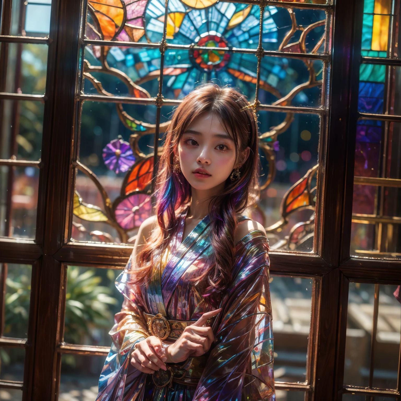 TopQuality 8K masterpiece of Professional photography, 20yo Japanese woman, The background is distant (Elaborate colorful stained glass), Enchanting atmosphere, Rainbow Glass