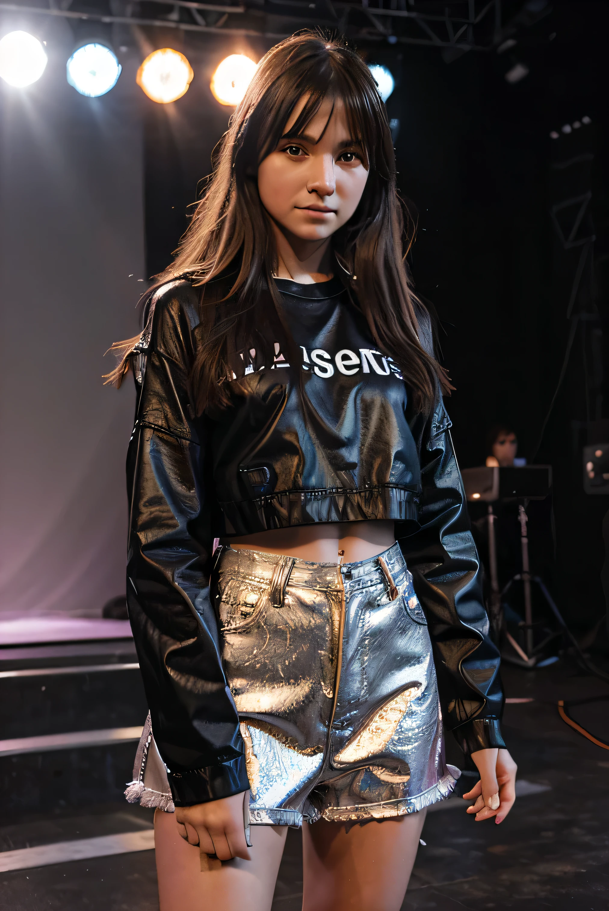 Generate a realistic, human-captured image of a girl dressed in a trendy light concert outfit.
