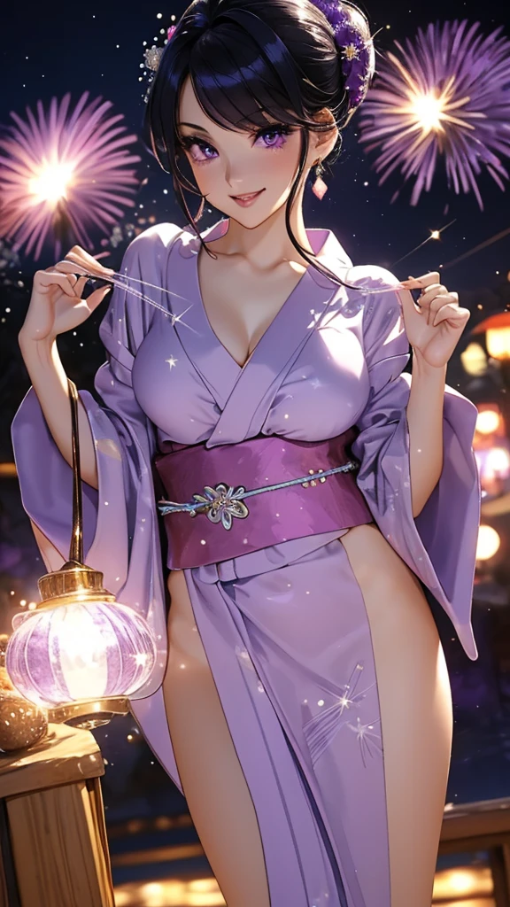((masterpiece, super high quality, high resolution, ultra high definition 8K quality)), one woman, beautiful and detailed perfect face, perfect and incomparably beautiful body, curved body, but slender body, (((beautiful and perfect eyes, sparkling clear big purple eyes, very long eyelashes))), bright and beautiful youthful face, shining white skin, the most beautiful skin, shining pink lips, (((the most beautiful shining purple in the world, thin hair, Updo hairstyle))), (((shiny beautiful bangs bangs))), very beautiful and adorable 20 years old, the most beautiful girl in the world, big ample breasts, (((beautiful smile))), sexually excited expression, ((Front view, elegant standing pose)), (((cool color Yukata obi, Kanzashi earrings ring and Beautiful dressing))), Background: Fireworks in the night sky