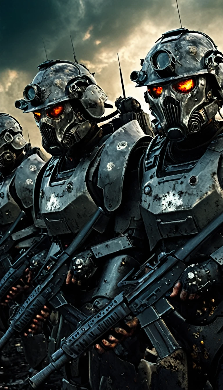 ((Zombie warriors)), half human, half beast, their faces are partially obscured by military helmets. Their eyes are filled with sadness and longing. The background is a smear of blood and violence. They wear a mechanized robot armor, carved with animal elements, human skulls. The sky is filled with swirling, fiery clouds. ((The photo conveys a strong sense of shooting at the zombies)), ((they are killing the undead)), ((they are burning the grisly undead)), cinematic backdrop