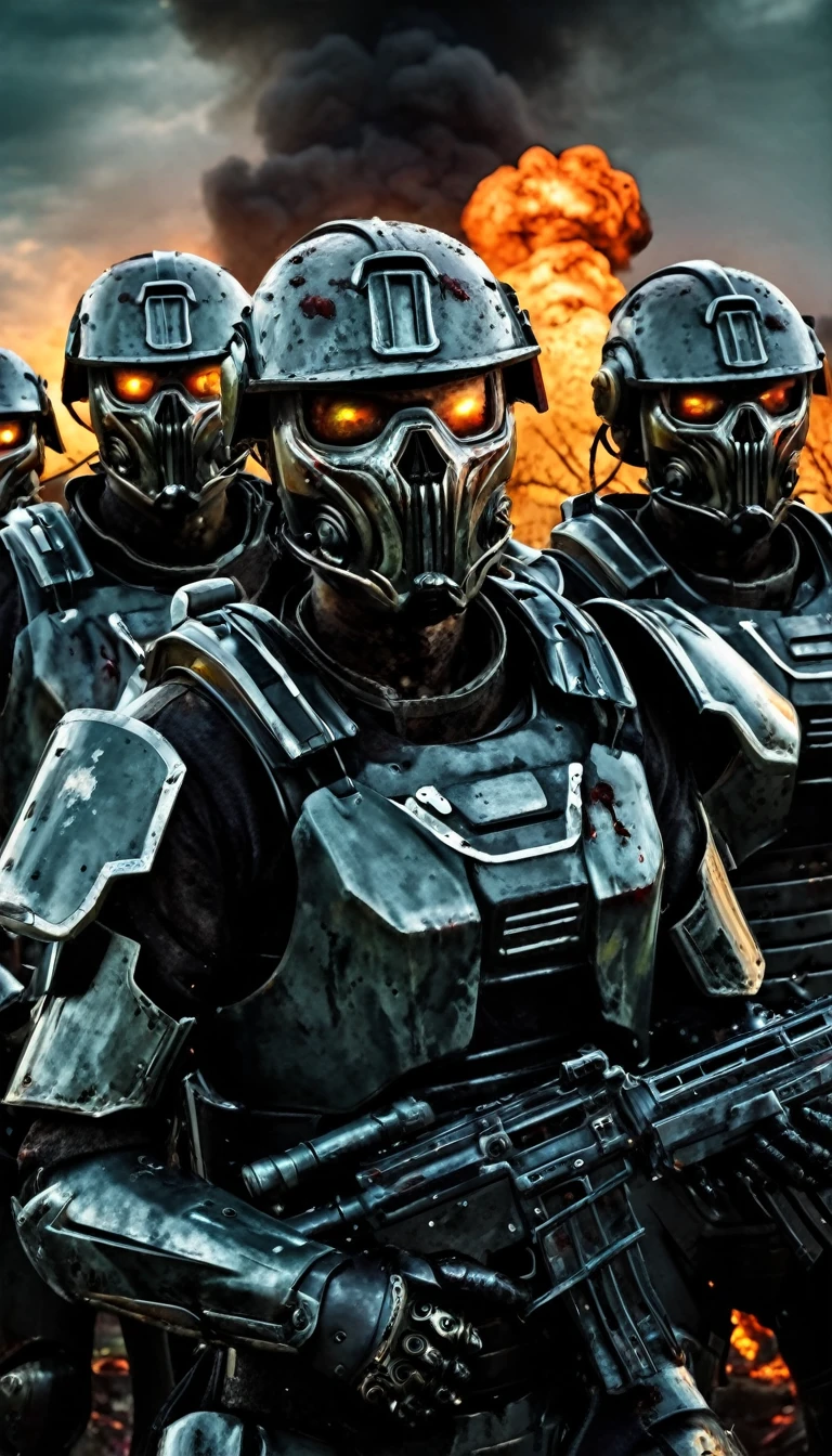 ((Zombie warriors)), half human, half beast, their faces are partially obscured by military helmets. Their eyes are filled with sadness and longing. The background is a smear of blood and violence. They wear a mechanized robot armor, carved with animal elements, human skulls. The sky is filled with swirling, fiery clouds. ((The photo conveys a strong sense of shooting at the zombies)), ((they are killing the undead)), ((they are burning the grisly undead)), cinematic backdrop