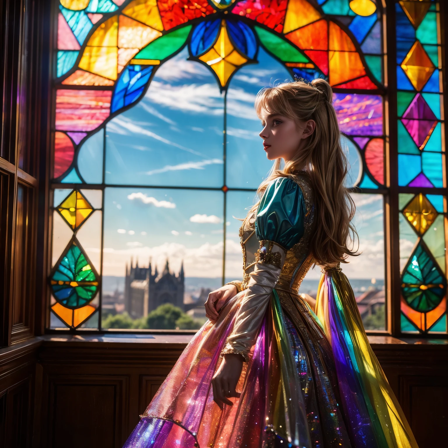 TopQuality 8K masterpiece of Professional photography, ((Lady Clarisse de Cagliostro)), The background is distant (Elaborate colorful stained glass), Enchanting atmosphere, Rainbow Glass