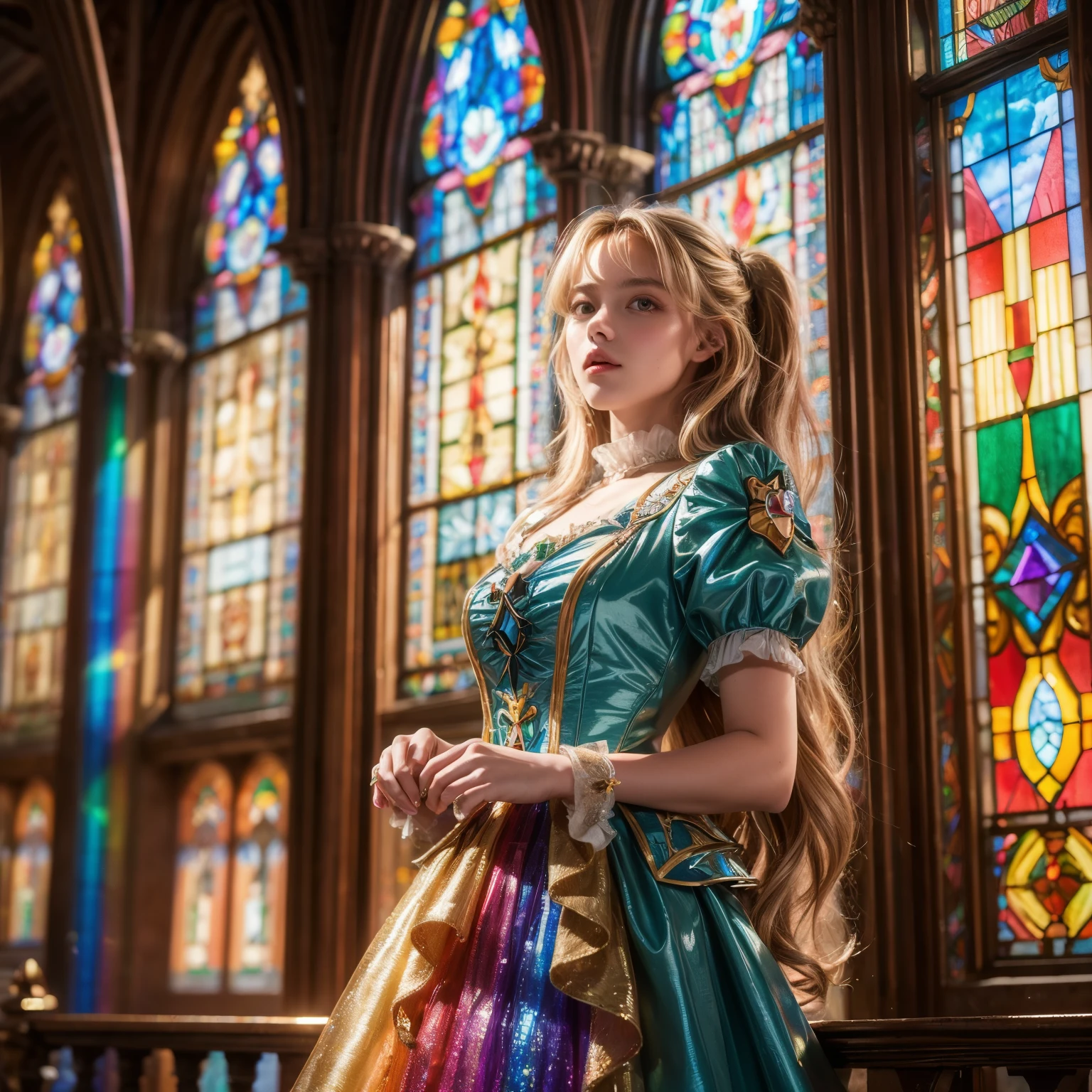 TopQuality 8K masterpiece of Professional photography, ((Lady Clarisse de Cagliostro)), The background is distant (Elaborate colorful stained glass), Enchanting atmosphere, Rainbow Glass