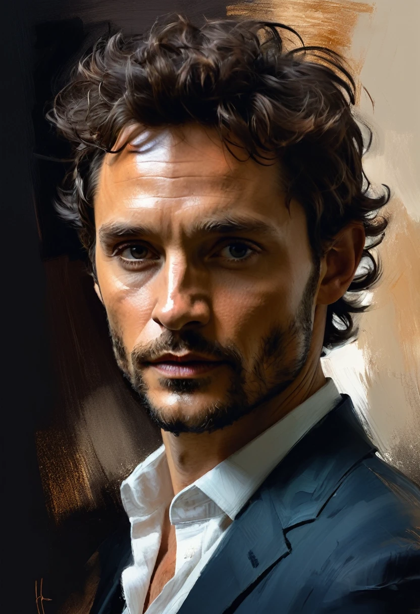 Digital painting,expressive,bold strokes,Highly detailed portrait of 35 year old man Hugh Dancy,sombre colours and wide dynamic range,dramatic lighting,Image should have sharp details and realistic skin tone,simple background,in the style of Henry Asensio
