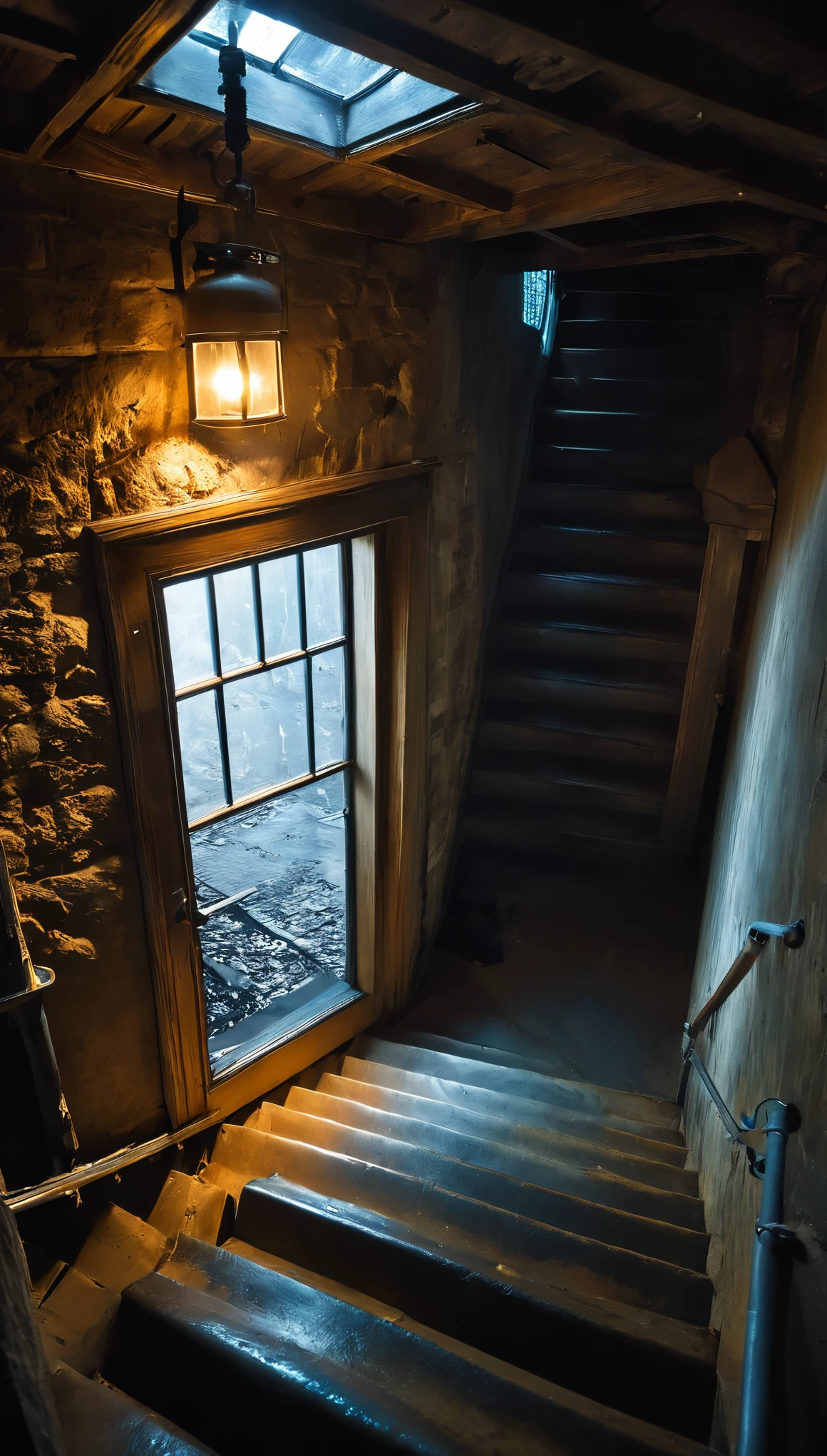 Overhead shot, showcasing the staircase, the basement door opens automatically, whispers emanate from the darkness.