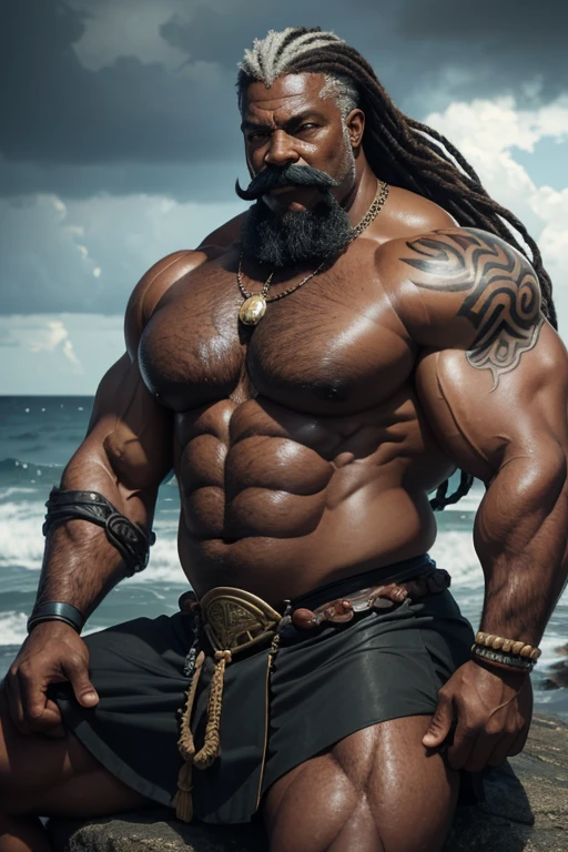 Hyperrealistic image of a superhero African warrior man with gray hair and very long hair very old and very sweaty bodybuilder over 80 years old. very muscular and fat, weighs more than 200 kilos with a bare torso, large flaccid pectorals, brown nipples and big gray mustaches with huge tattooed arms sitting on a rock in the middle of a stormy sea dressed in a skirt made of seaweed and conch shells  