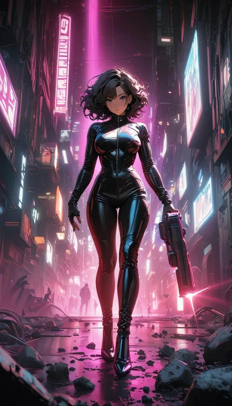 Cyberpunk style,30 year old mature and charming woman.,Leather jumpsuit covers the entire body.,Full breasts,Leather high heels,Pointing a laser pistol at me,Open flame,(There are a lot of small pieces of gravel floating around.:1.5),Beautiful,glowing special effects,celluloid style,Flat cover,HD,computer graphics,comics,8 K,looking at the camera,high quality,illustration,Vaporwave style,rim light,cinema lighting,super detailed,difficult,OC-renderer,Cinematic perspective,a high resolution
