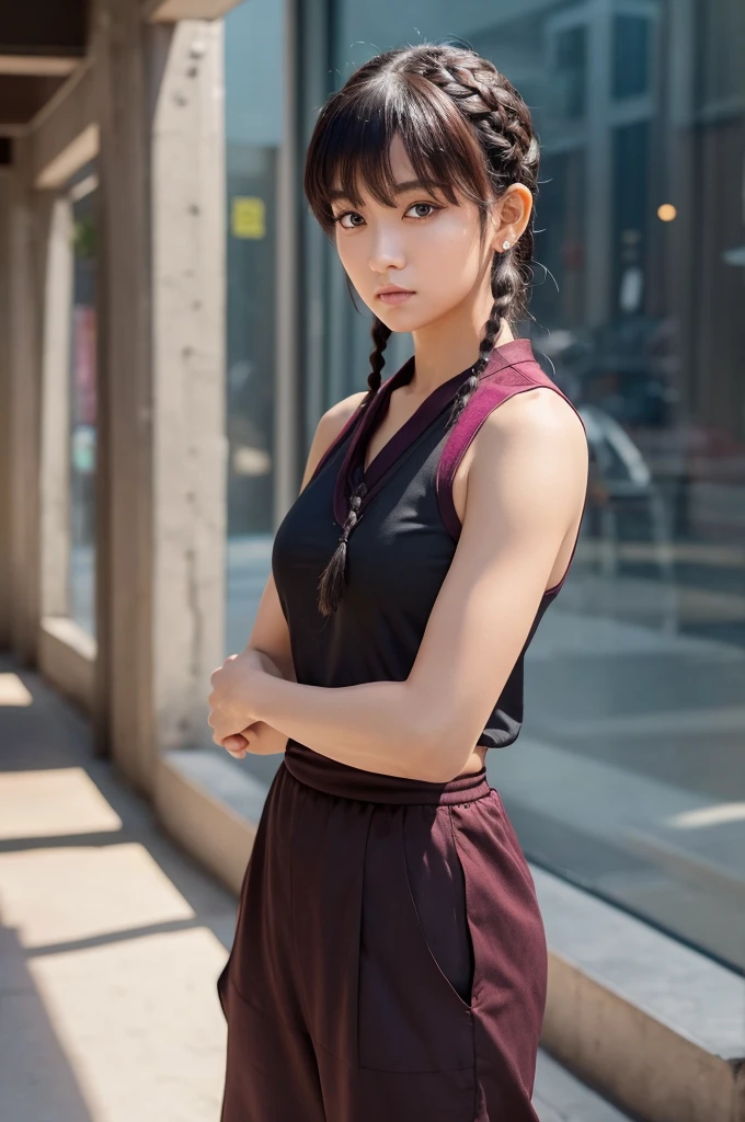 Ranma the Girl, Braided Ponytail, Gorgeous girl standing alone, Combat Stance, ((Cover your chest with your hands, Arms crossed)), Serious face, Baring one's teeth in anger, ((blank_eye)), lipstick, large blue-eye, Short Red Hair, blush, Perfect big , ((Old Chinese Red Shirt)), ((Her ripped shirt is open, revealing her enormous cleavage)), Perfect body, Glowing Skin, ((Scene around the steam)), Perfect Legs, Thick thighs, masterpiece, Highest quality, High resolution, Very detailed image, ((Plain_backgolund:1.3))