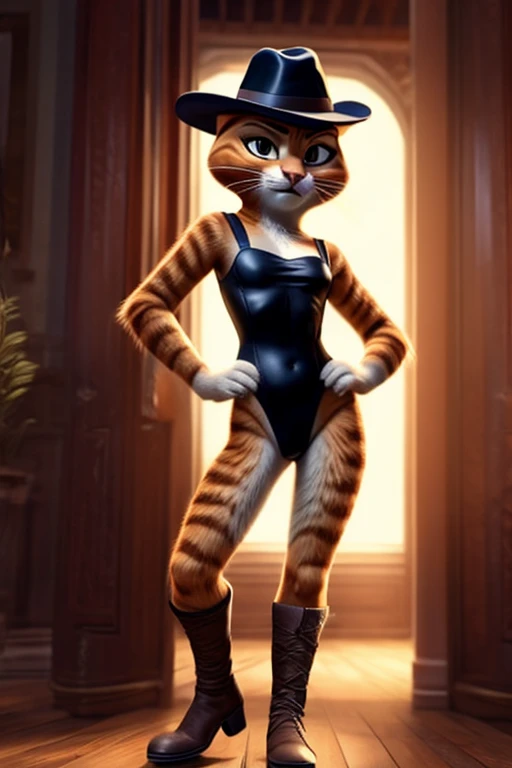 Puss in Boots, DreamWorks Animated, Leotard, Slim Build, ((Wearing a fedora hat)), 3:1 Hip to leg ratio