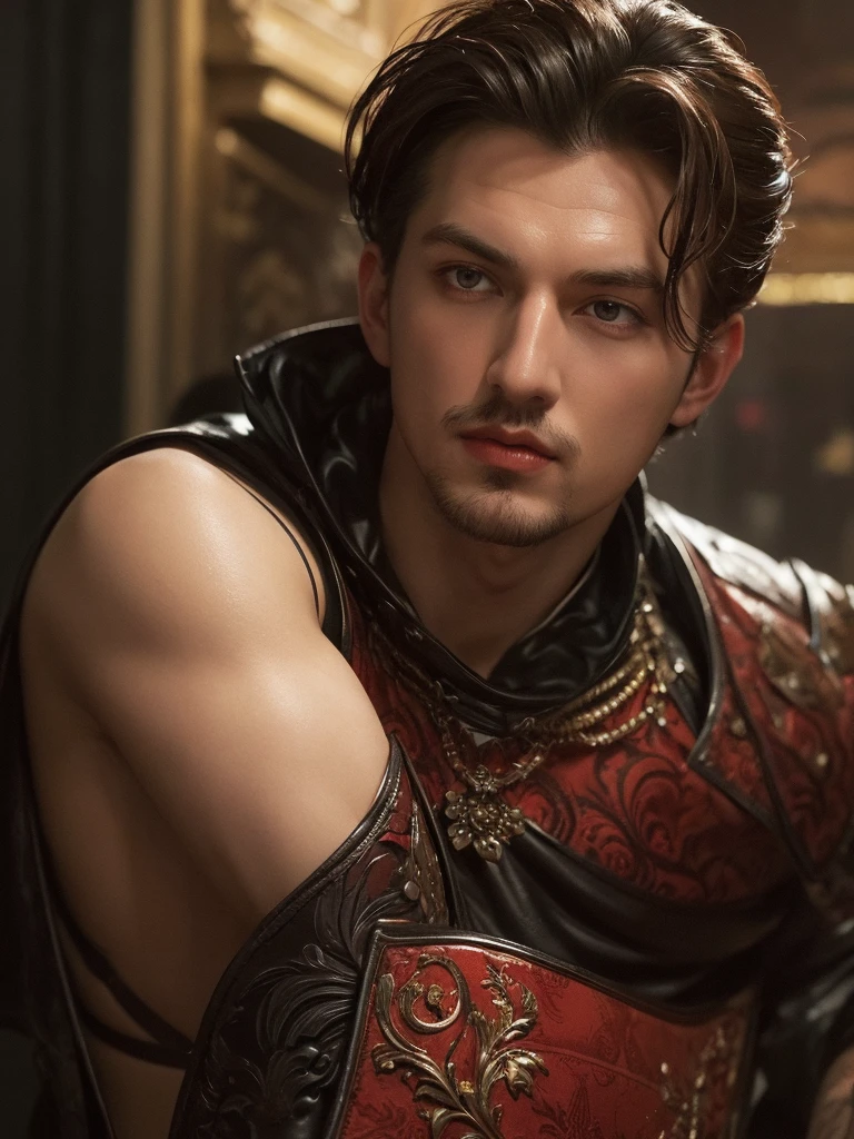 ((Extremely detailed CG unity8k wallpaper)|game_cg|masterpiece|best quality|illustration| {High resolution}|fine painting|aesthetic painting|high detail, beautiful detailed eyes, detailed face, detailed skin, in the castle, a 20-year-old young handsome male model wearing a thong, The covered by the thong looms, looks even more charming. Armed with a sharp weapon, Jack up your crotch, he stood in a sunlit square. He is physically toned, with well-defined muscles, exuding a sense of confidence and strength, and behind him is a towering city wall and a magnificent castle. At night, the interior of the castle is lit with twinkling star lights, which highlights the magnificent walls behind the male model and the extraordinary momentum of the castle. His resolute eyes stared into the distance, as if he was about to rush into the battlefield. The entire castle and walls seem to engrave all people and things in their forms, and this impressive sight is like reliving the legend of a person,, realistic-face-enhance, 8k high quality resoulation realistic, high quality HDR realistic.