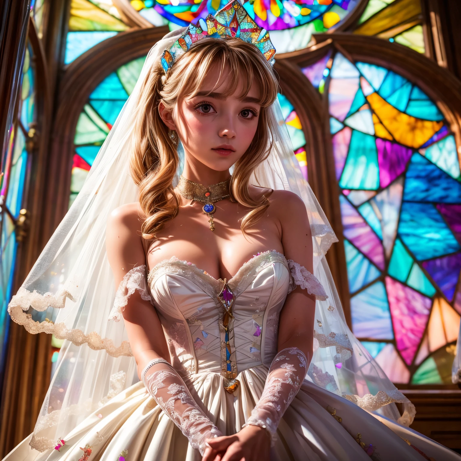 ZoomLayer TopQuality 8K masterpiece of Professional photography, ((Lady Clarisse de Cagliostro)) White WeddingDresses, Extremely detailed KAWAII face, The background is distant (Elaborate colorful stained glass), Enchanting atmosphere, Rainbow Glass