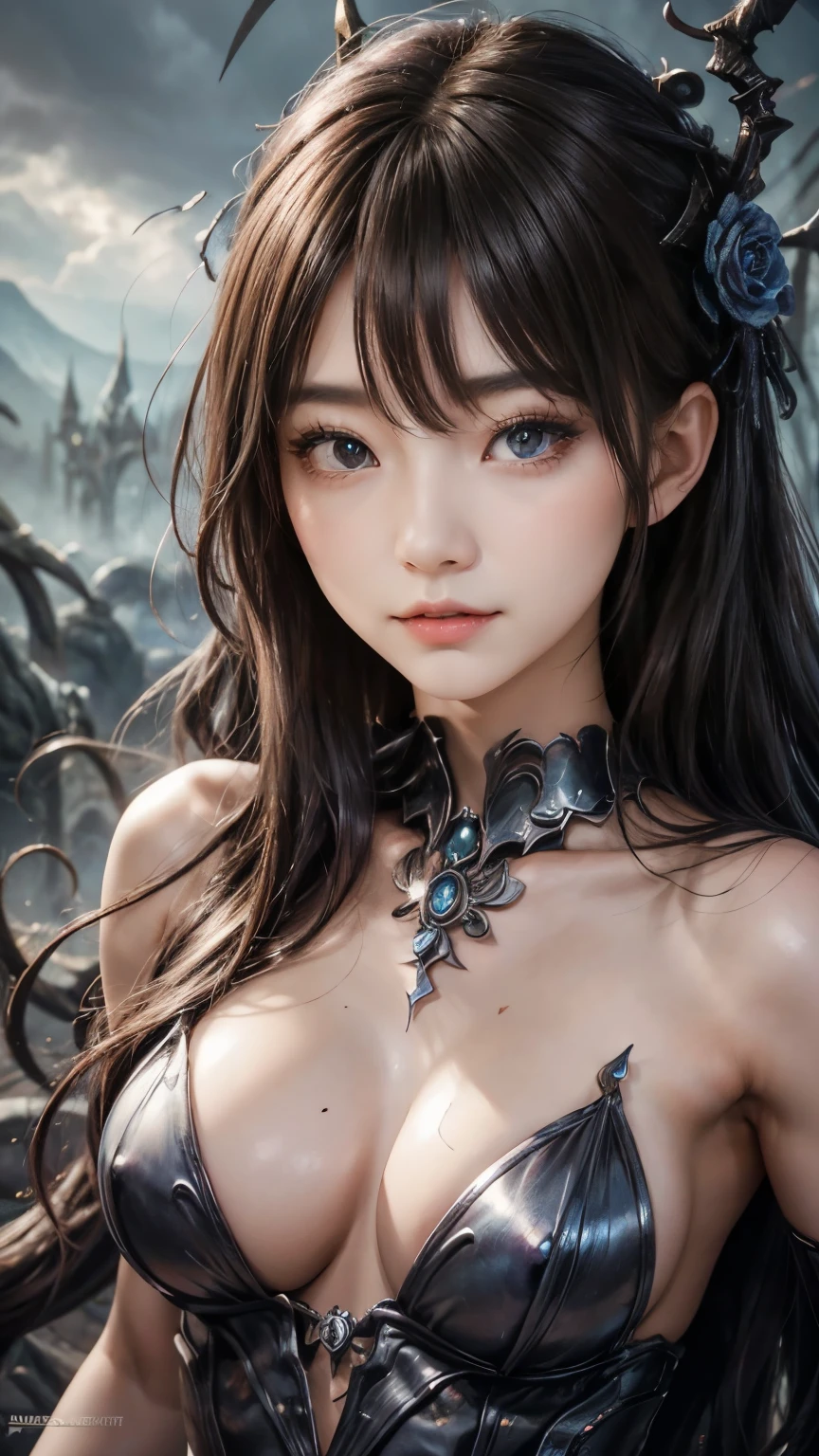 強力なスーパーevil女がクローズアップでポーズをとる, Black Goddess (Expose your shoulders), length, Flowing purple hair, View your viewers, Highly detailed face, Perfect hands, Blue smoke swirling around her, evil事を愛する, Captivating blue eyes, Dark fantasy, , realistic girl rendering, 8k artistic german bokeh, Enchanting girl, Real Girls, Gurwitz, Gurwitz-style artwork, Girl Roleplay, Realistic 3D style, cgstation Popular Topics,, 8K Portrait Rendering,(truth,truth:1.4)、 Genuine, Symmetric, Attention to detail, Esoteric arachnids lady, Spider Queen Elise, League of Legends, Esoteric arachnids, Combat Stance, ( body formed from metallic mauveine and metallic black liquid metallic paint twisting into a beautiful interpretation of the female figure), length, Sharp Fangs, nature, ((Complex metallic colors in the foreground)), (( Fluid Mechanics, The most beautiful smooth scale face makeup, Smirking expression)) - Dark blood, Onyxia、Noir painting of a beautiful young witch, length purple hair, dark purple lips, evil, evil female, smile, Black Prom Dress, She is coming to you, close, Bright Blue Eyes, Surrounded by swirling pink smoke, Genuine, Attention to detail, Highest quality、A beastly demon wields a vicious blade, Blood Chain, Behemoth Bones, Snake-like tentacles, Cruel Teeth, Expressions of madness, Oppressive Dungeon. 8K Vision Reveals Fear, Ultra HD detail makes monsters stand out, Grotesque shadows dance, The creature whispers, Stifling atmosphere, Vision problems, Visible Madness. blade, evil意の閃光が輝く, reflect (Light) Beyond the Darkness, Elucidate (Sharp details) and、Add a dizzying dimension to the impending chaos.