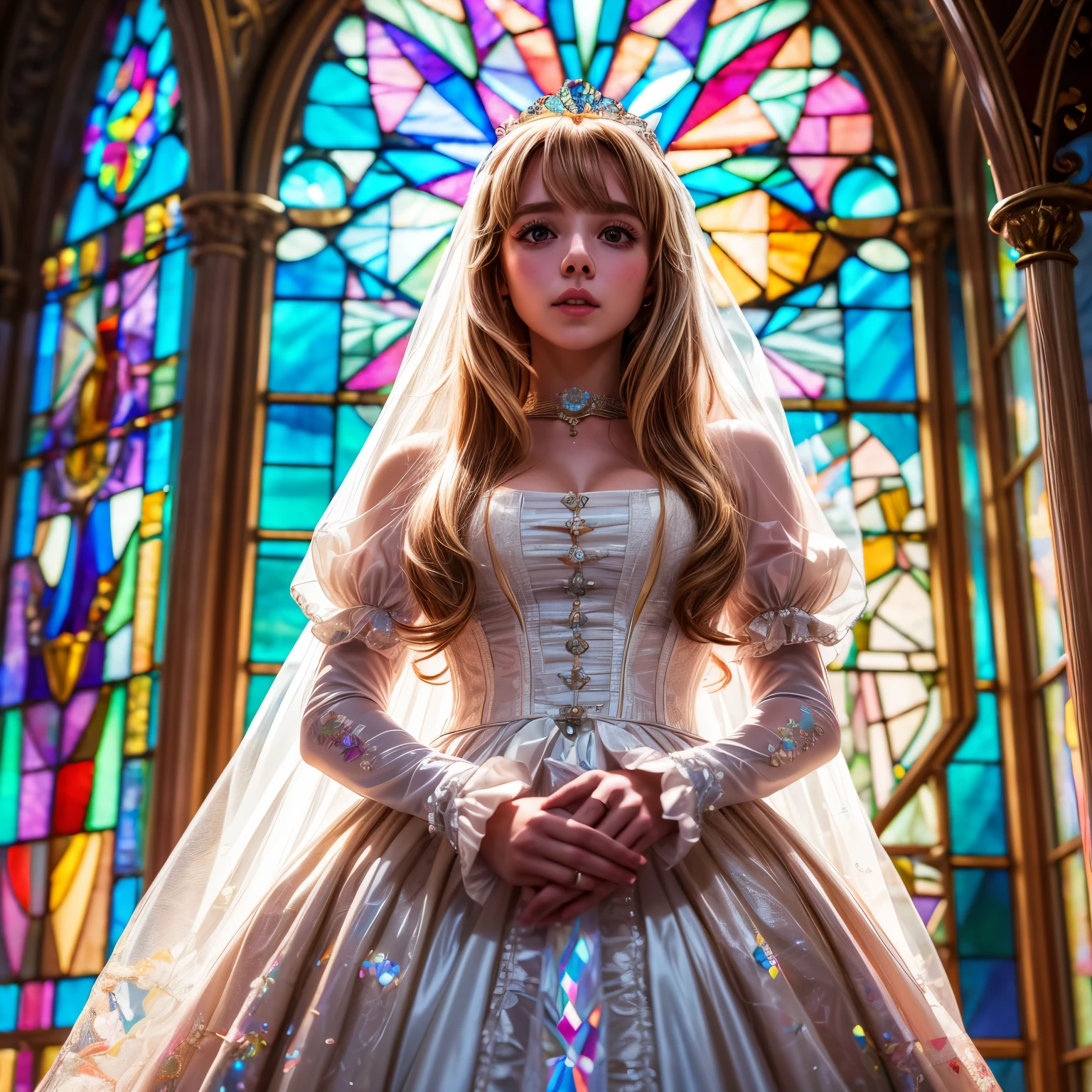 ZoomLayer TopQuality 8K masterpiece of Professional photography, ((Lady Clarisse de Cagliostro)) White WeddingDresses, Extremely detailed KAWAII face, The background is distant (Elaborate colorful stained glass), Enchanting atmosphere, Rainbow Glass