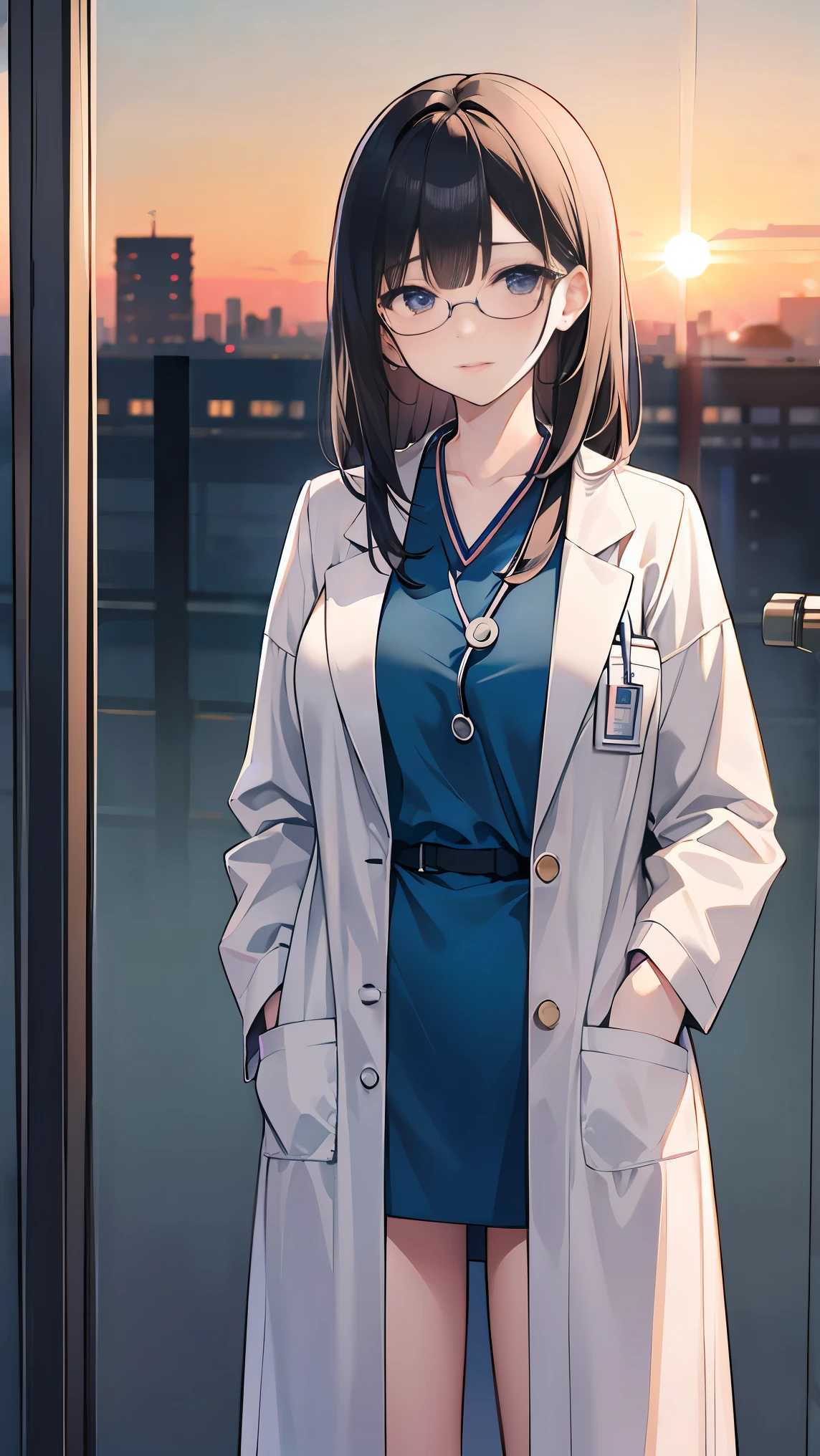 black hair, hair behind ear, straight hair, coke-bottle glasses, mole under eye, Social realism, ray tracing, cowboy shot, anatomically correct, textured skin, high details, high quality, best quality, super detail, 8k, Female doctor, white coat, hospital corridor, standing by the window, sunset