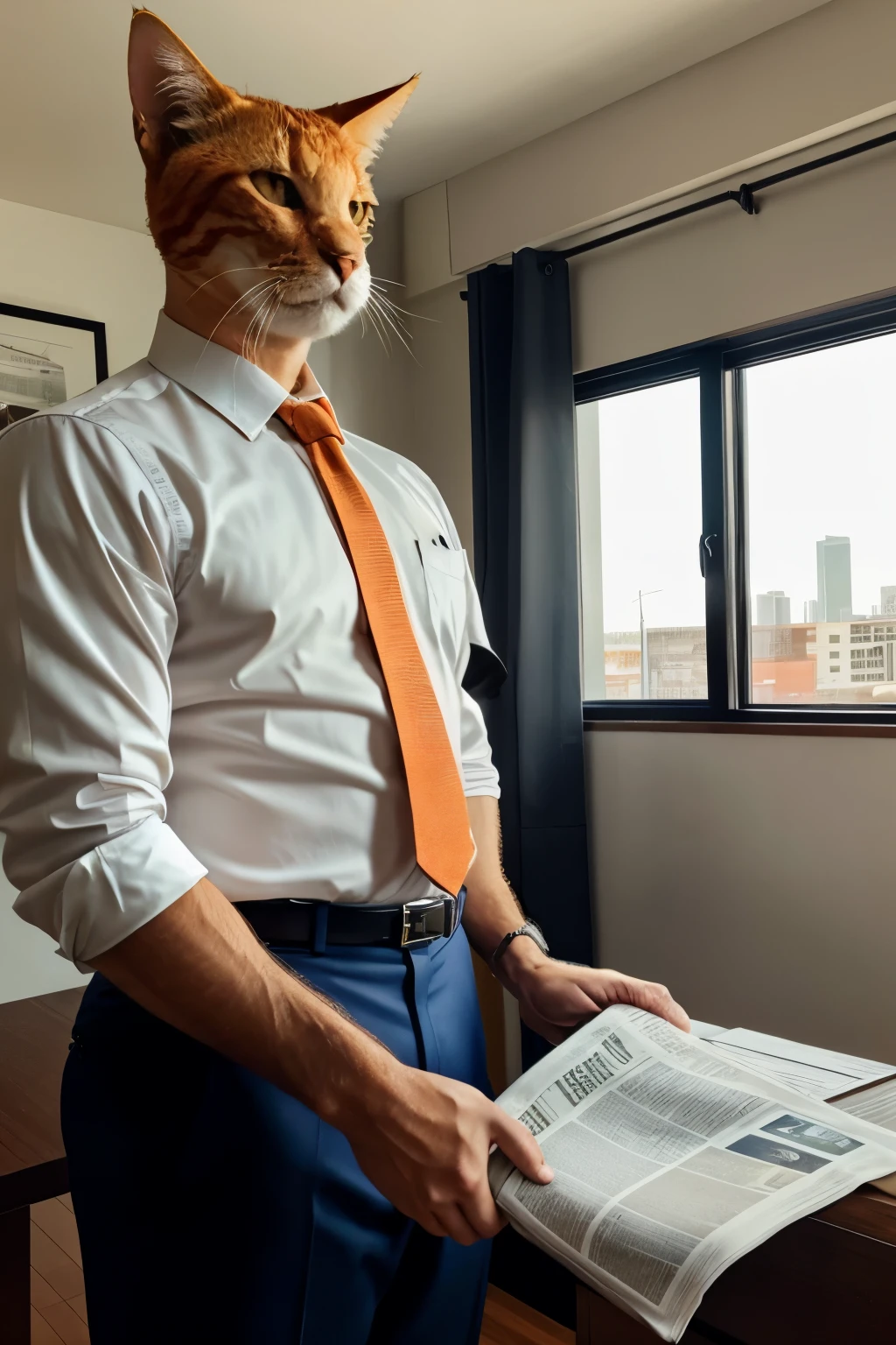 The dad, a larger orange cat in a business suit, looks up from his newspaper and firmly shakes his head, explaining the reasons why he won’t buy the smartphone.