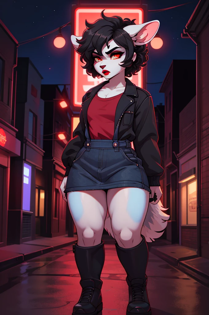 (masterpiece), (best quality), (high res) (solo), (perfect anatomy) (perfect face), wolf and sheep hybrid, (black hair), (black wool), (curly short hair), fair skin, ambiguous gender, (1boy1girl), flat chest, wide hips, thick thighs, (black short mini skirt skirt), (prostitute), ((red chest leggy mini shirt)), yellow glowing in the dark eyes, angry, androgynous, (long eyebrows), ((deep red lipstick)), ((black eyeshadow)), sexy pose, in a street
