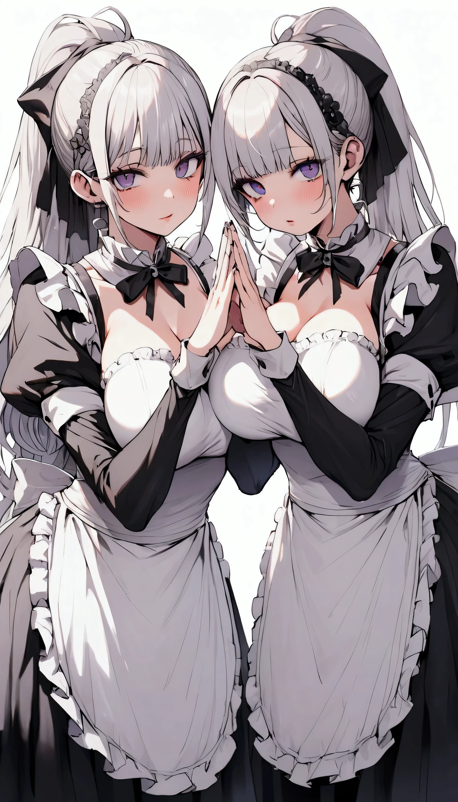 beautiful detailed girl, sexy maid costume, Chef in classic attire, ponytail, silver hair, Pose with hands together, Youthful expression, large breast, huge buttock