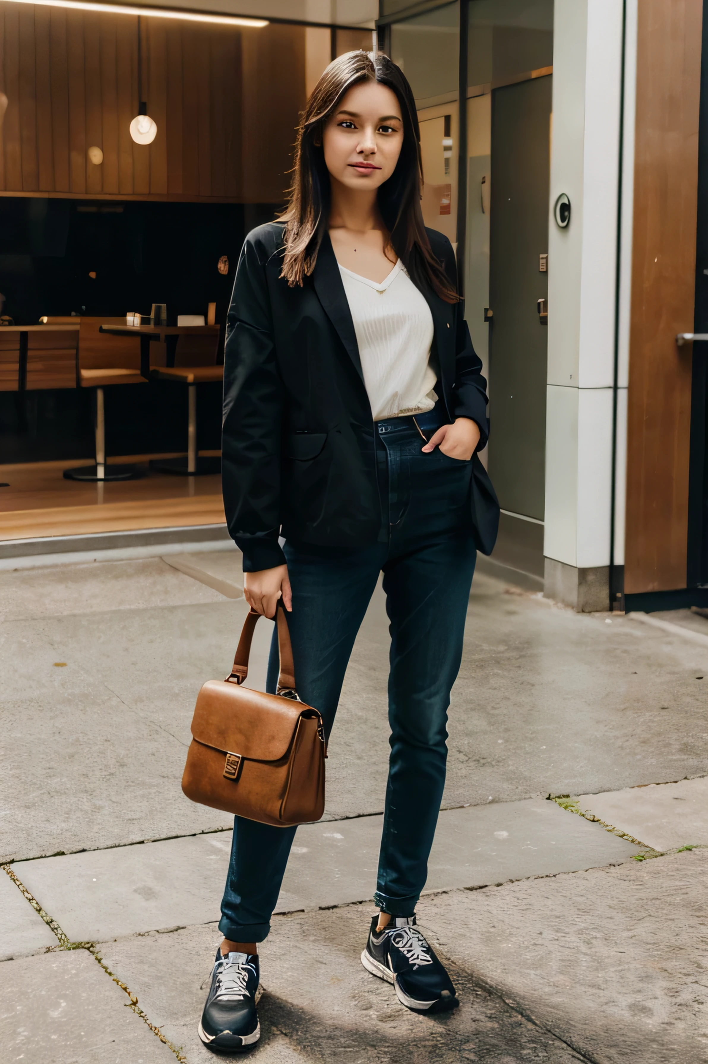Generate a realistic, human-captured image of a girl in a cool travel outfit.