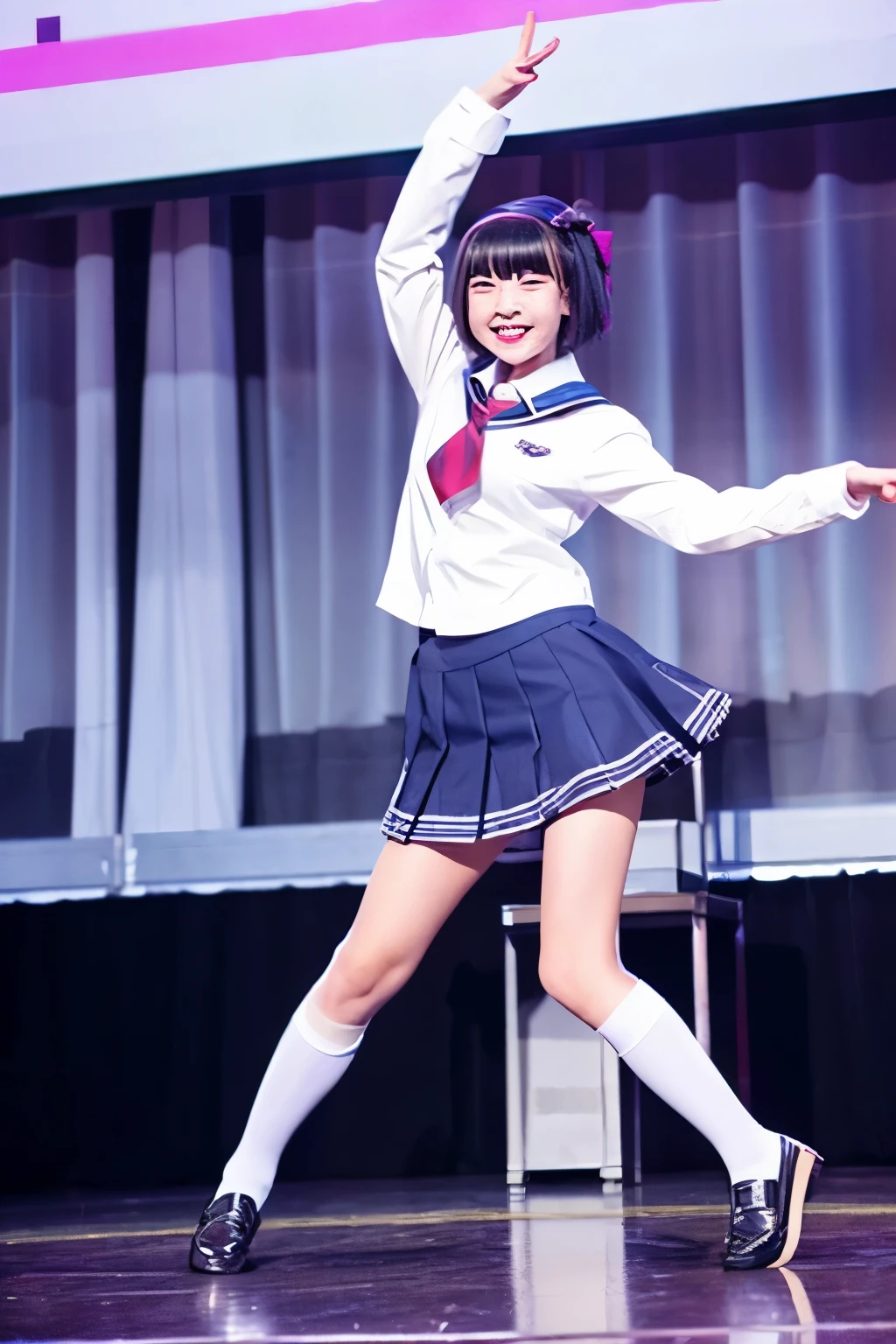 Japanese、Bobcut、high school girl、uniform、skirt、Knee-high socks、loafers、front、whole body、smile、dance、stage