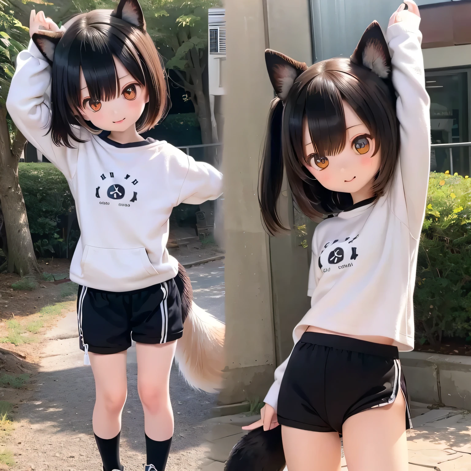 (aesthetic, high quality, ultra detailed CG), a blushing Asian girl, cute, short black hair, big cute eyes, "black and white panda theme hoodie", wearing a diaper, Pacifier in mouth, black thigh high socks and tennis shoes, a full body portrait, standing up pose, casual dynamic pose, high key lighting, pastel colors, anime-style, light green bright background.