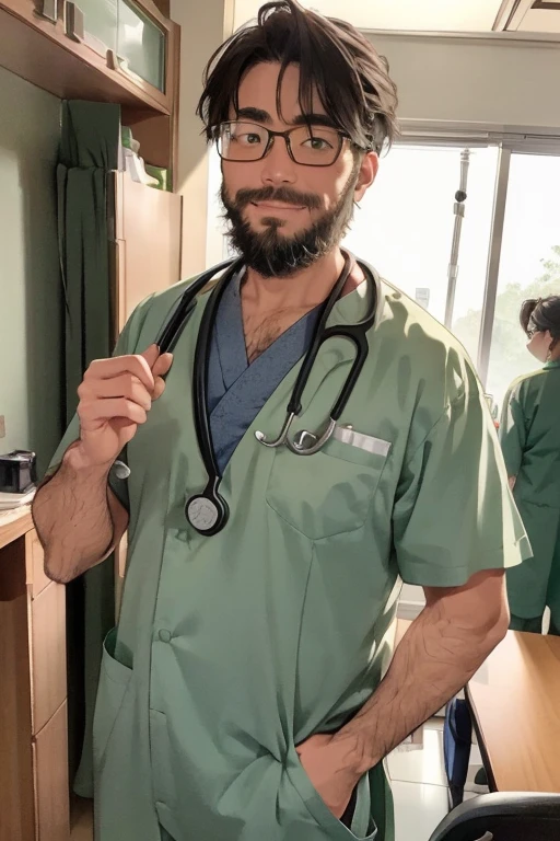 male, alone, ((Yossan)), beard, Glasses, (male性看護師), (Medical scrub), Light green scrub, Light green outfit,  Stethoscope, Interact with patients, Medical equipment, Bright hospital room, Are standing, Supporting, smile