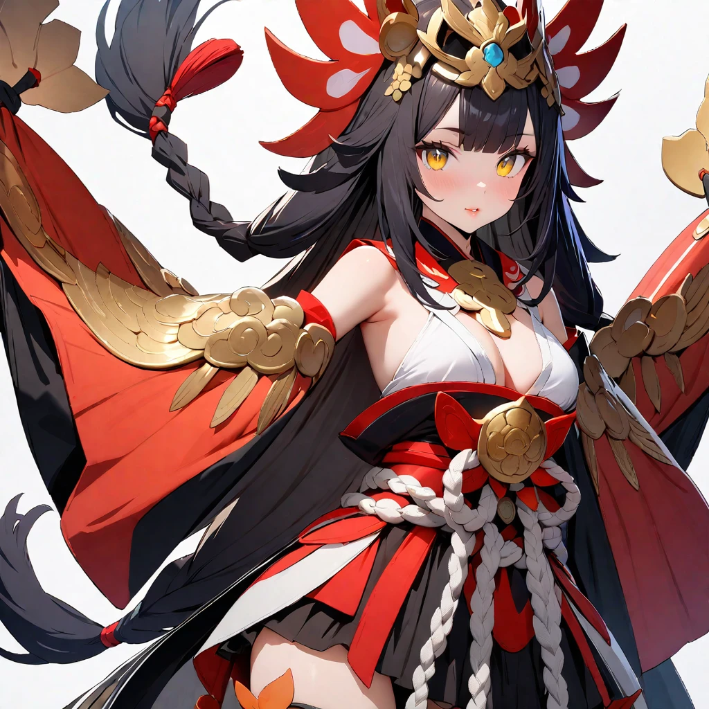 ((RAW Photos)), ((masterpiece)), (Onmyoji Costume,young woman,One person:1.3), (Figure up to the waist:1.2),Intricate details, View your viewers, beautiful, Fine eyes and lips,White background,Fantasy,Perfect Face, (1 girl,White background:1.3),Big shiny clear golden eyes,Long black hair tied up,Beautiful woman's cute smile,Fantasy,beautiful表情,Detailed facial expressions,Tight clothing,Facing forward