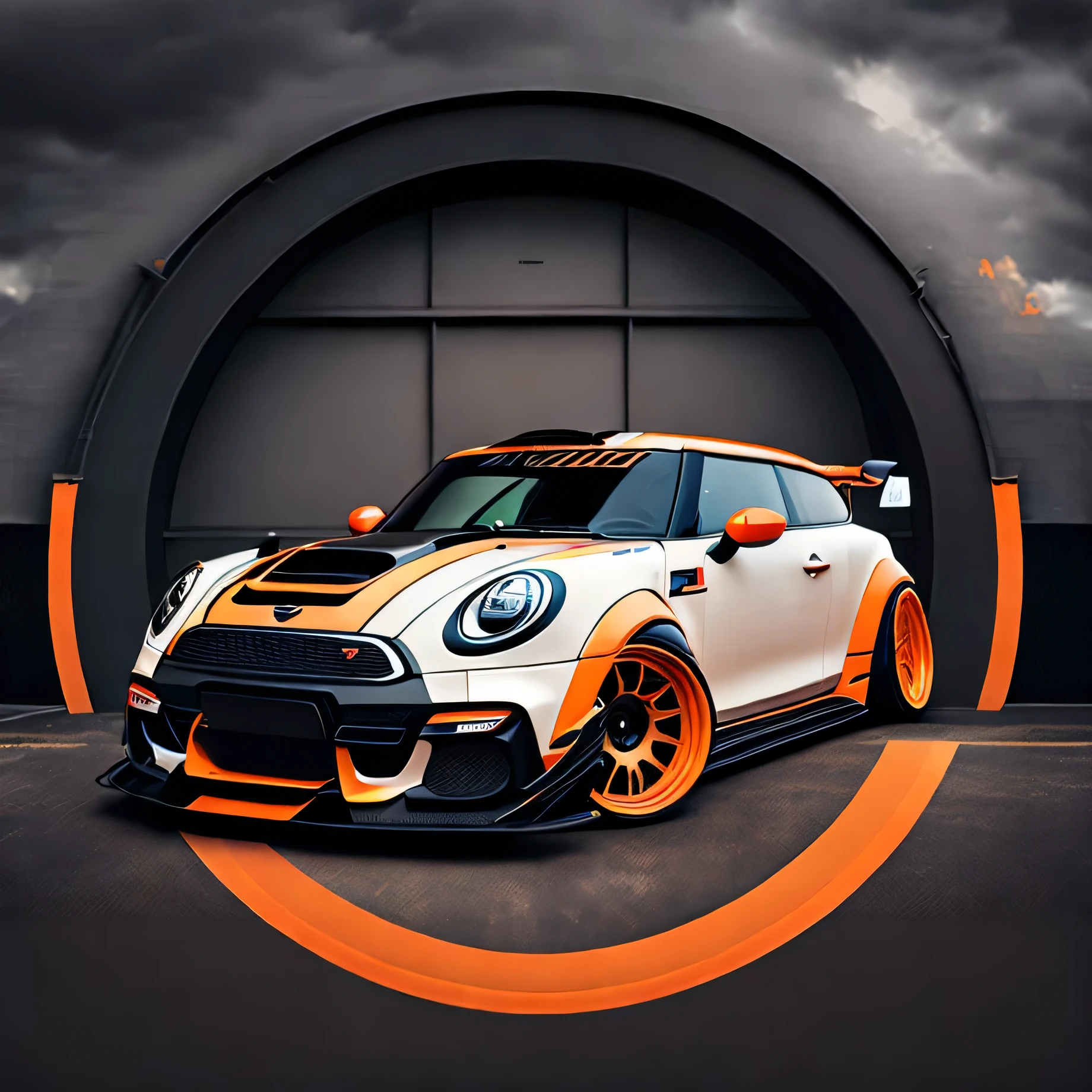 Circle Artwork for t-shirt graphic design, a bright white and black coloured R56 Mini Cooper S in tunnel design, ((carbon fibre, Liberty walk ultra wide body kit)), aggressive stance ((background: racetrack, outside old industrial style building, large windows in background, overcast sky, heavy industrial look, cobble stone street)), 8K quality, realistic, realism, sharp, detailed, ultrawide, black and carbon fibre and deep candy orange colour scheme, front profile, epic stance, epic ultra wide body kit, super low stance, aggressive looks , street, background vintage pastel tone, highly detailed clean, vector image, realistic masterpiece, professional photography, realistic car, car sunrise background, flat black background, isometric, vibrant vector