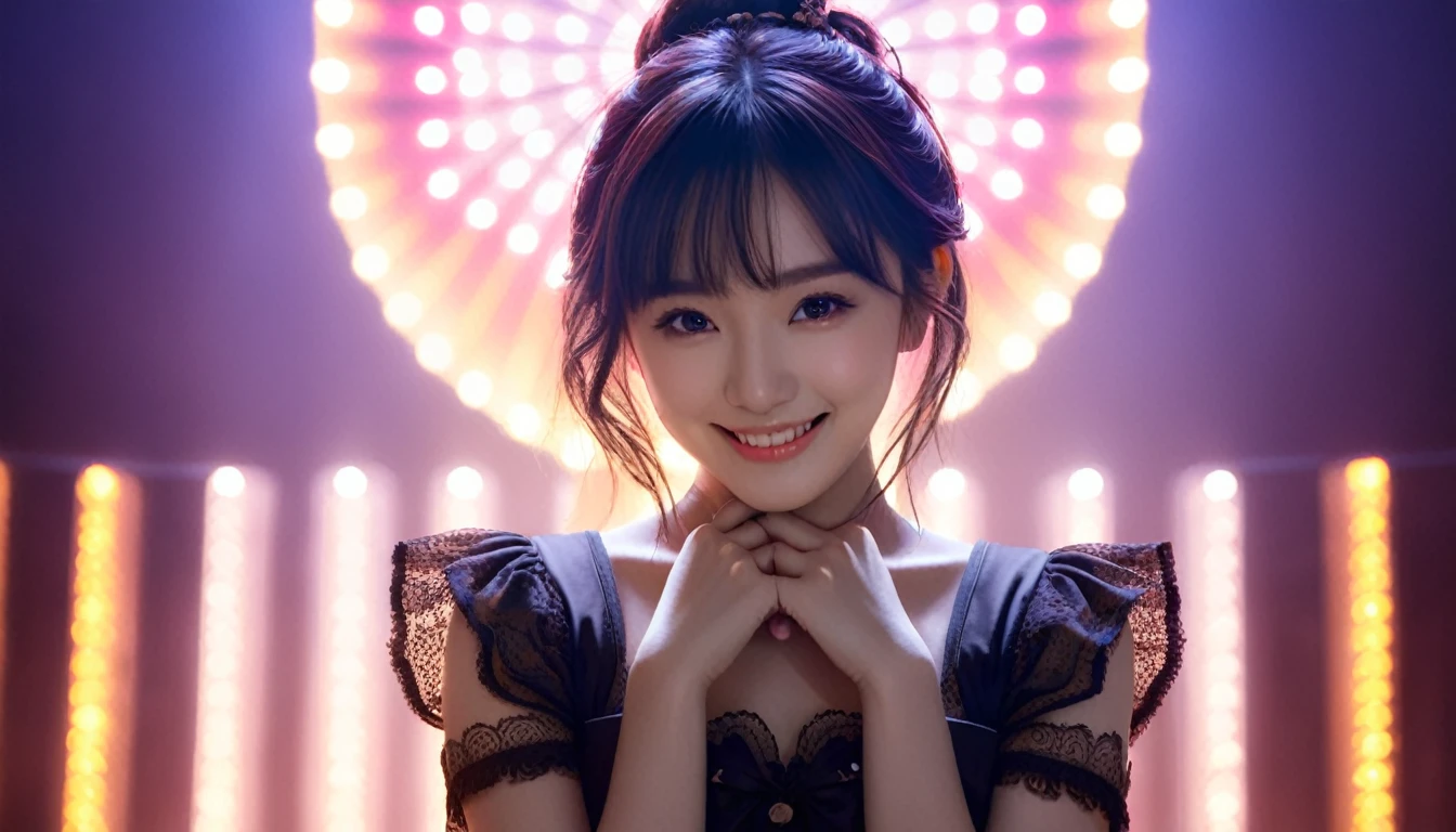 (best quality, masterpiece, ultra detailed, ultra high res, photorealistic, raw photo, absolutely resolution), A captivating thumbnail for a song depicting a perfect yet conflicted idol. The image should feature a beautiful idol with a radiant smile in the foreground, surrounded by bright lights and adoring fans. In the background, create a shadowy reflection of the same idol with a somber expression, symbolizing her hidden secrets and inner struggles. Use contrasting colors to emphasize the duality of her persona, with vibrant, warm tones for the public-facing side and darker, cooler tones for the hidden side.